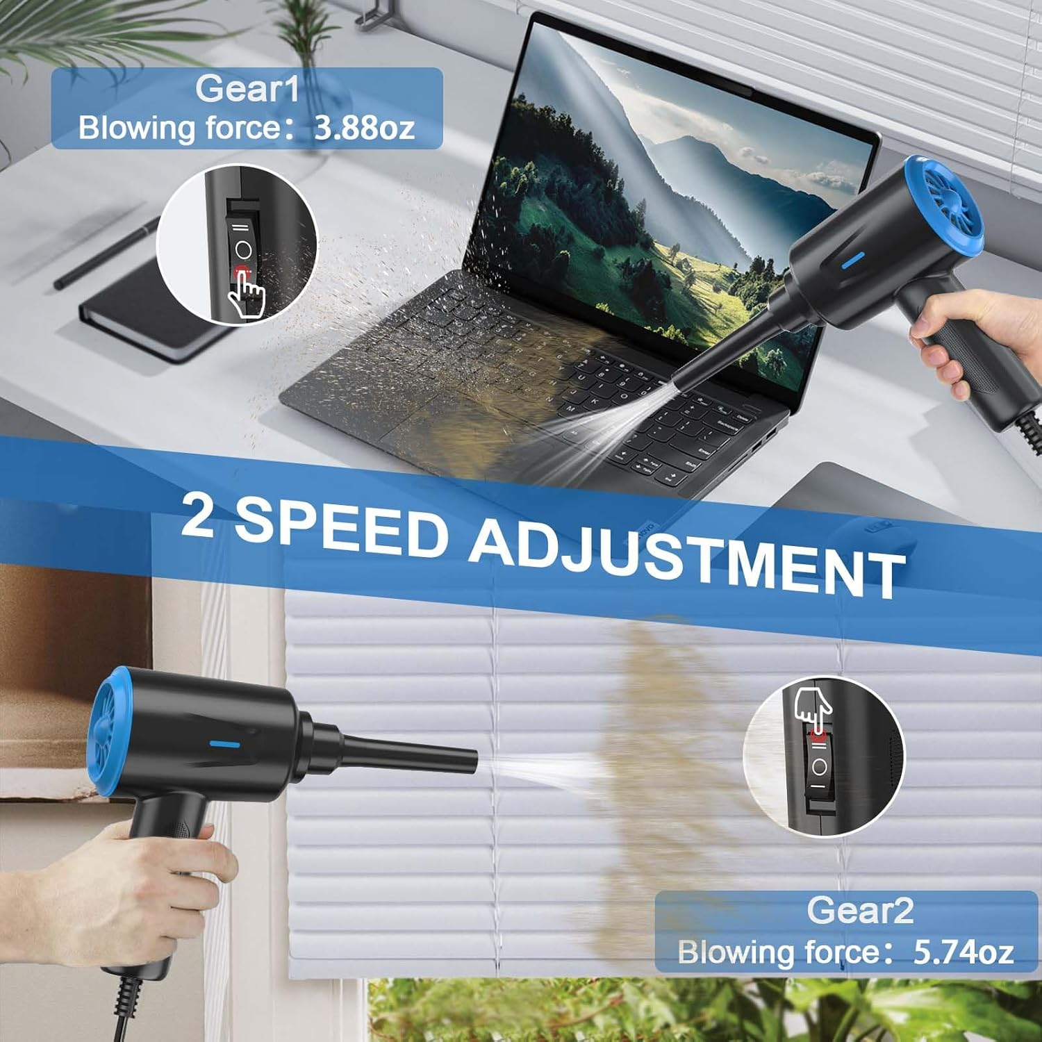 Meudeen Air Duster - Electric Air Blower - 5.74Oz High Power Cleaning for Computer - PC - 2 Gear Compressed Air (Green) image number 5