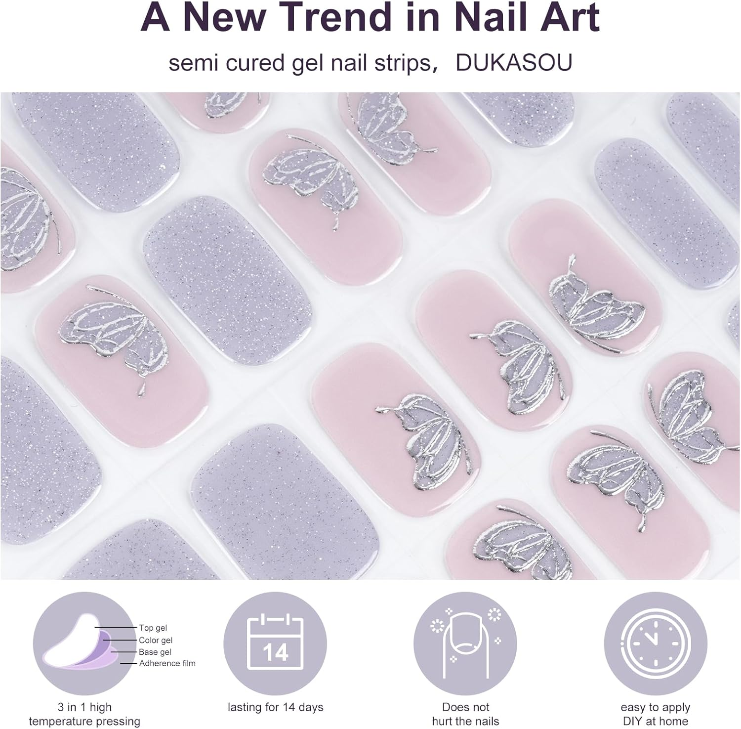 DUKASOU Semi Cured Gel Nail Strips,28 Pcs Gel Nail Stickers UV Light/Led Lamp Required,Long Lasting Nails Art Stickers, Easy to Apply (Relief Butterfly)