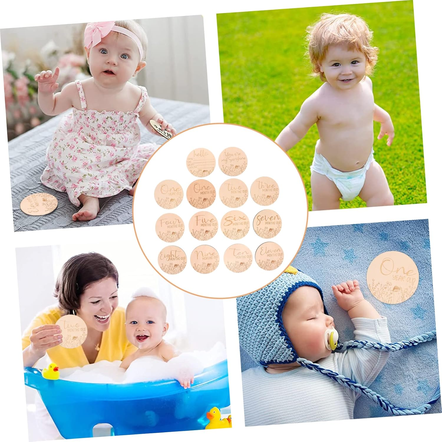 14Pcs Wooden Baby Milestone Cards Monthly Milestone Discs Infant Growth Photo Prop Set for Newborns image number 6