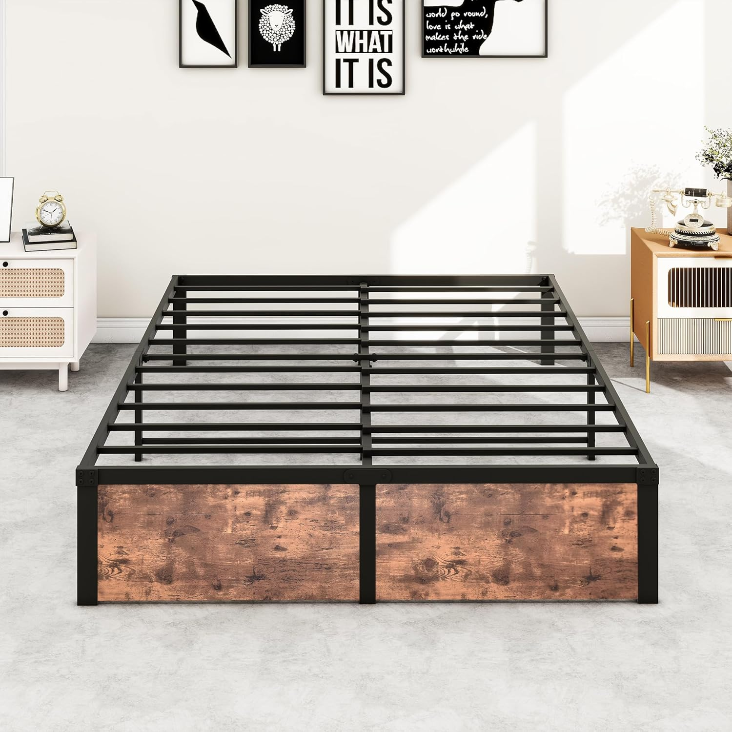 VERFARM Queen Size Bed Frames with Vintage Wood Footboard, Heavy Duty Metal Platform Bed Frame Queen, No Box Spring Needed, Easy Assembly, Rustic Brown image number 3