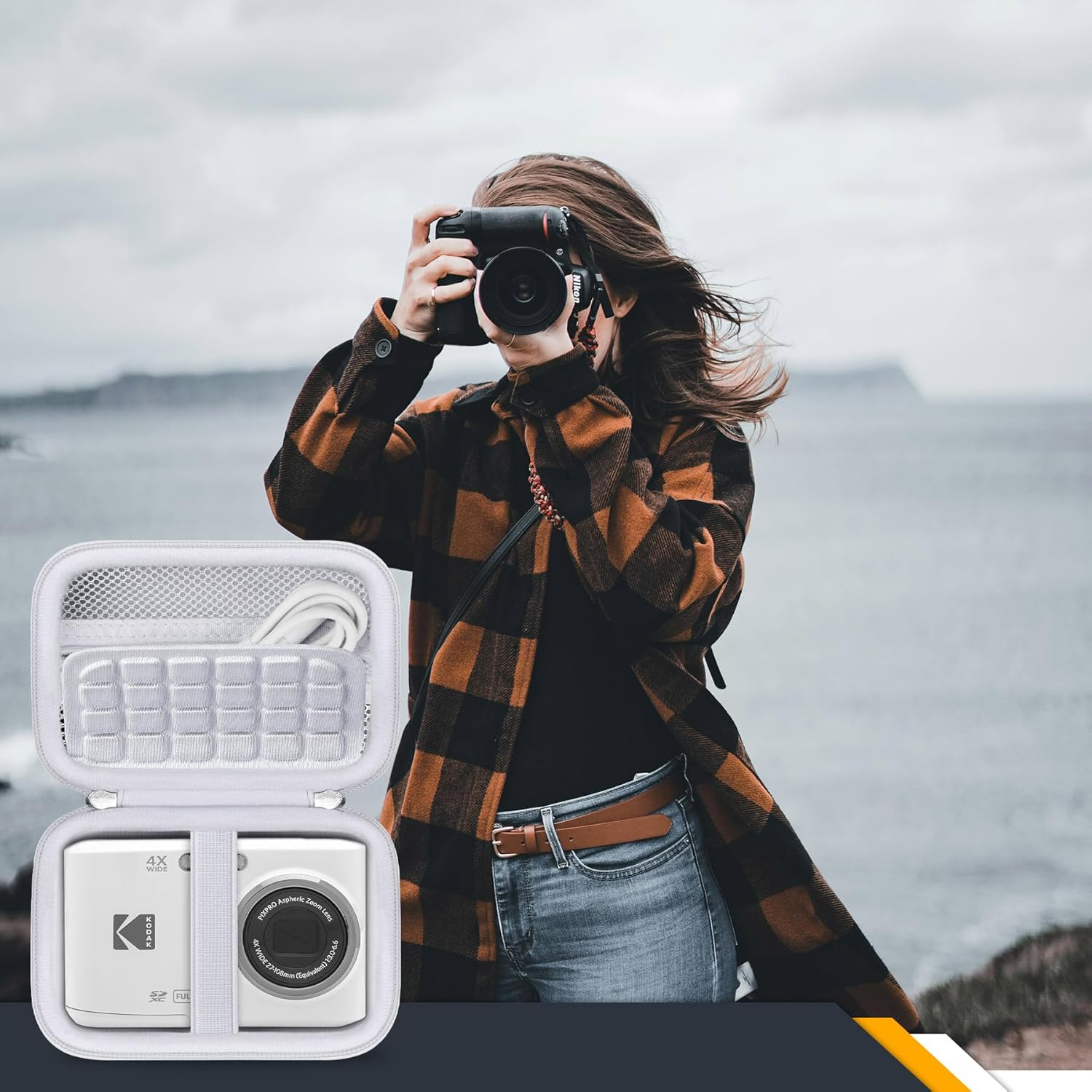 RAIALL Camera Case for Kodak PIXPRO FZ55/ FZ45 Digital Camera, Vlogging Camera Hard Carrying Case Protective Travel Bag, Mesh Pocket for Battery, Cable and SD Card, White image number 6