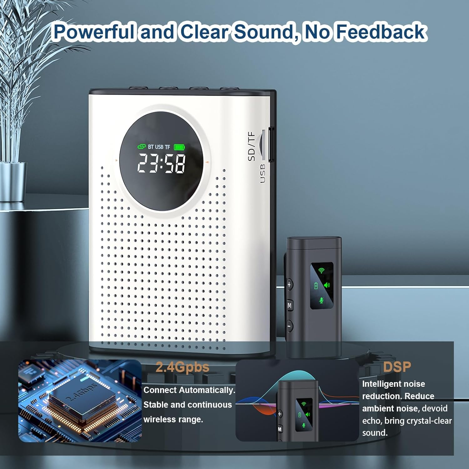 Phoselpida Voice Amplifier with Magnetic Wireless Lavalier Microphone, Portable Amplifier with 2.4G Wireless Microphone, Supports Bluetooth, TF Card, USB Flash Drive and AUX Input image number 6