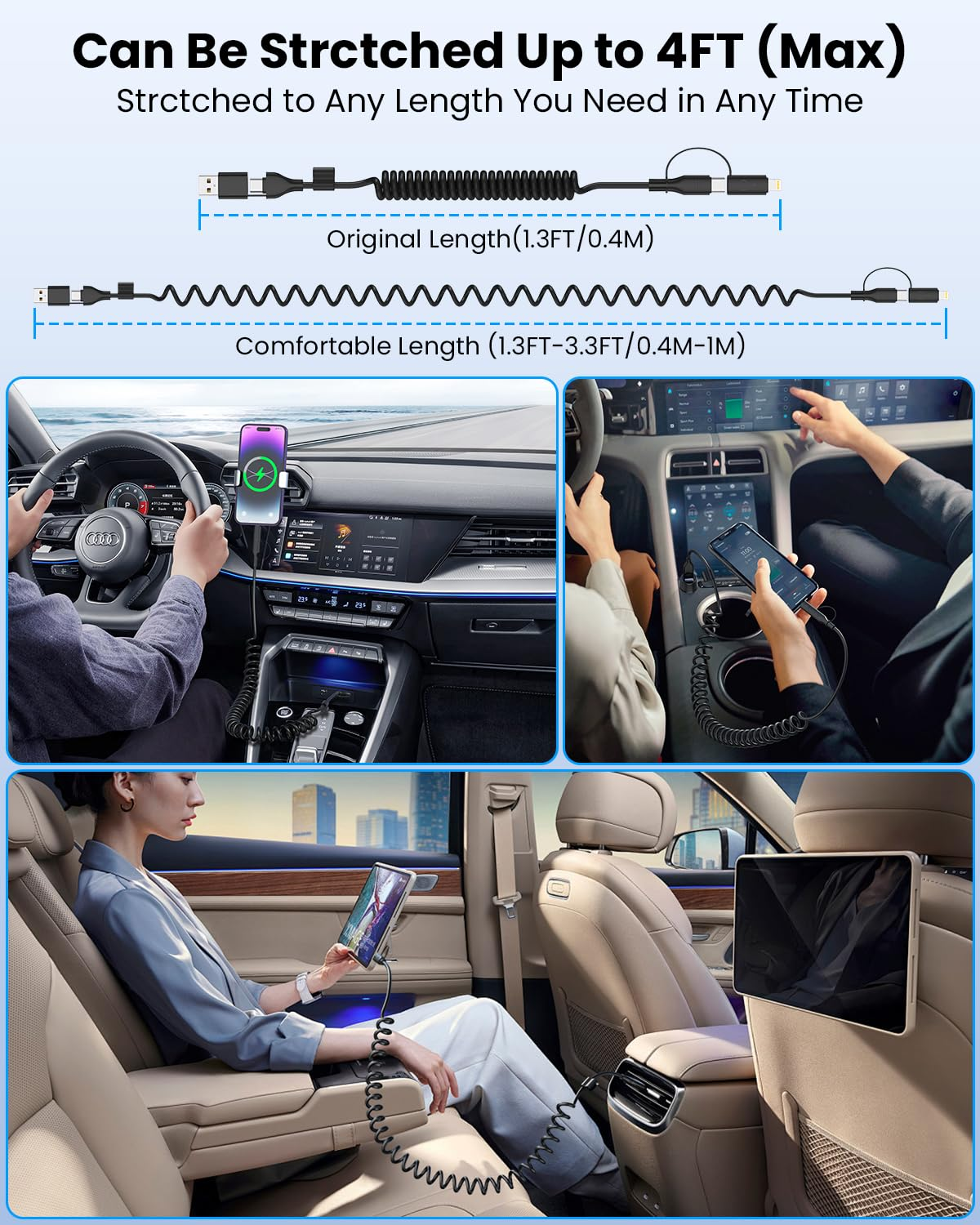 Coiled USB Cable, USB to USB C and Lightn-Ing Cable 4-In-1, Car Carplay Cable, 60W 3A Fast Charging Cord for Iphone 17 16 15 14 13 12 11, Ipad, Macbook, Galaxy, Note & More - 4Ft/Black - Black image number 3