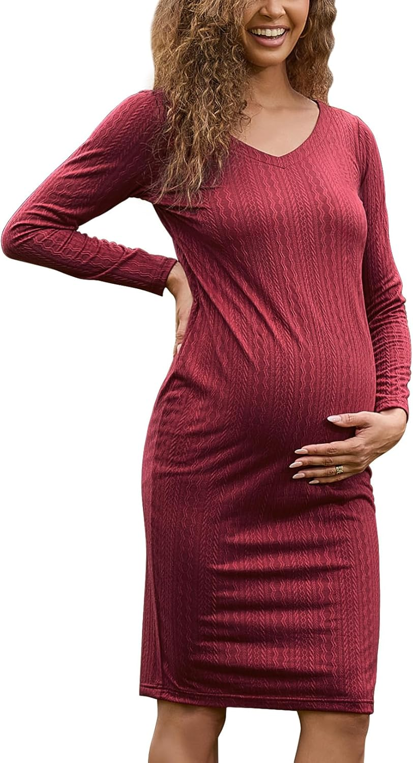 Maternity Dress Long Sleeve V Neck Knit Ribbed Maternity Sweater Dress Bodycon Mid Pregnancy Dress for Photoshoot Baby Shower