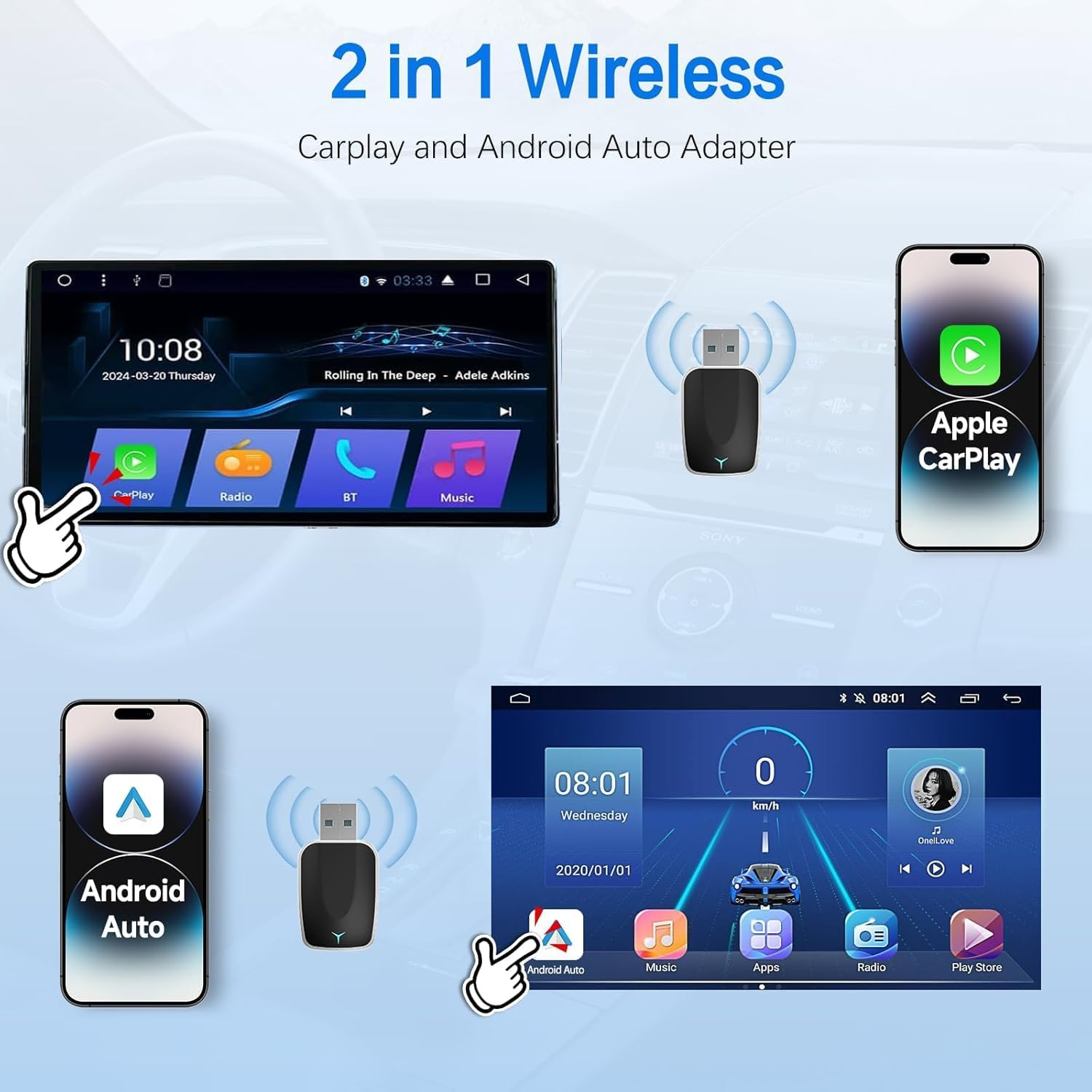 Mini Wireless Carplay Adapter, Convert Wired to Wireless Car Play & Android Auto 2-In-1 Adapter for Apple Iphone & Android Phone, Plug & Play, Auto Connect, No Delay, W/Usb C for Ios 10+ Android 11+ image number 3