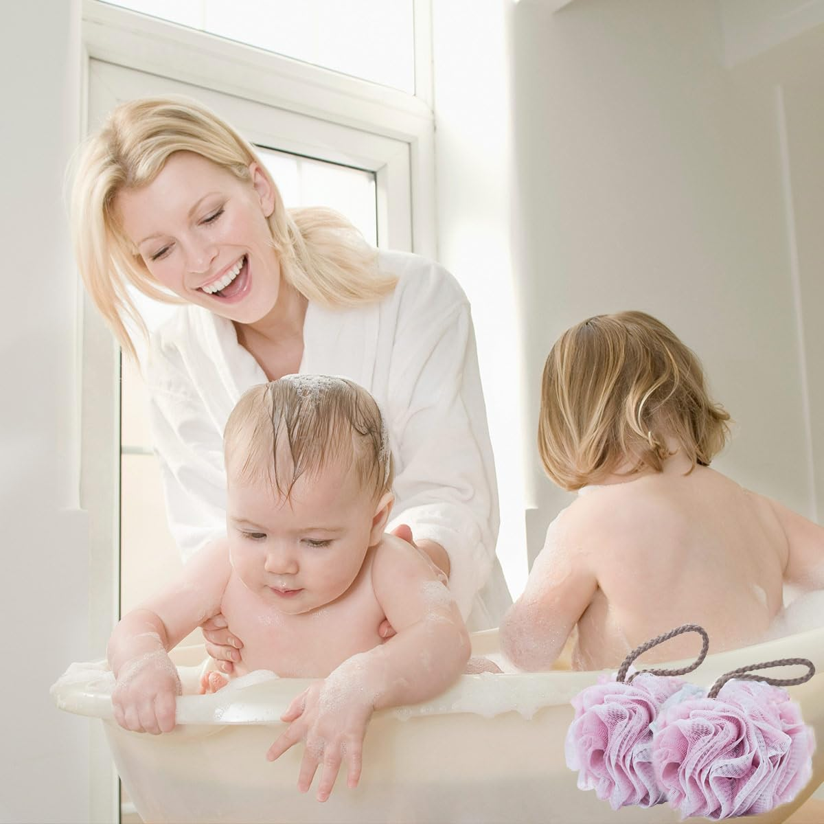 Miss Rui Shower Bath Sponge Shower Pouf Loofahs Balls 60G/Pcs for Body Wash Bathroom Men Women Kids Set of 2 Pink Sponges image number 2