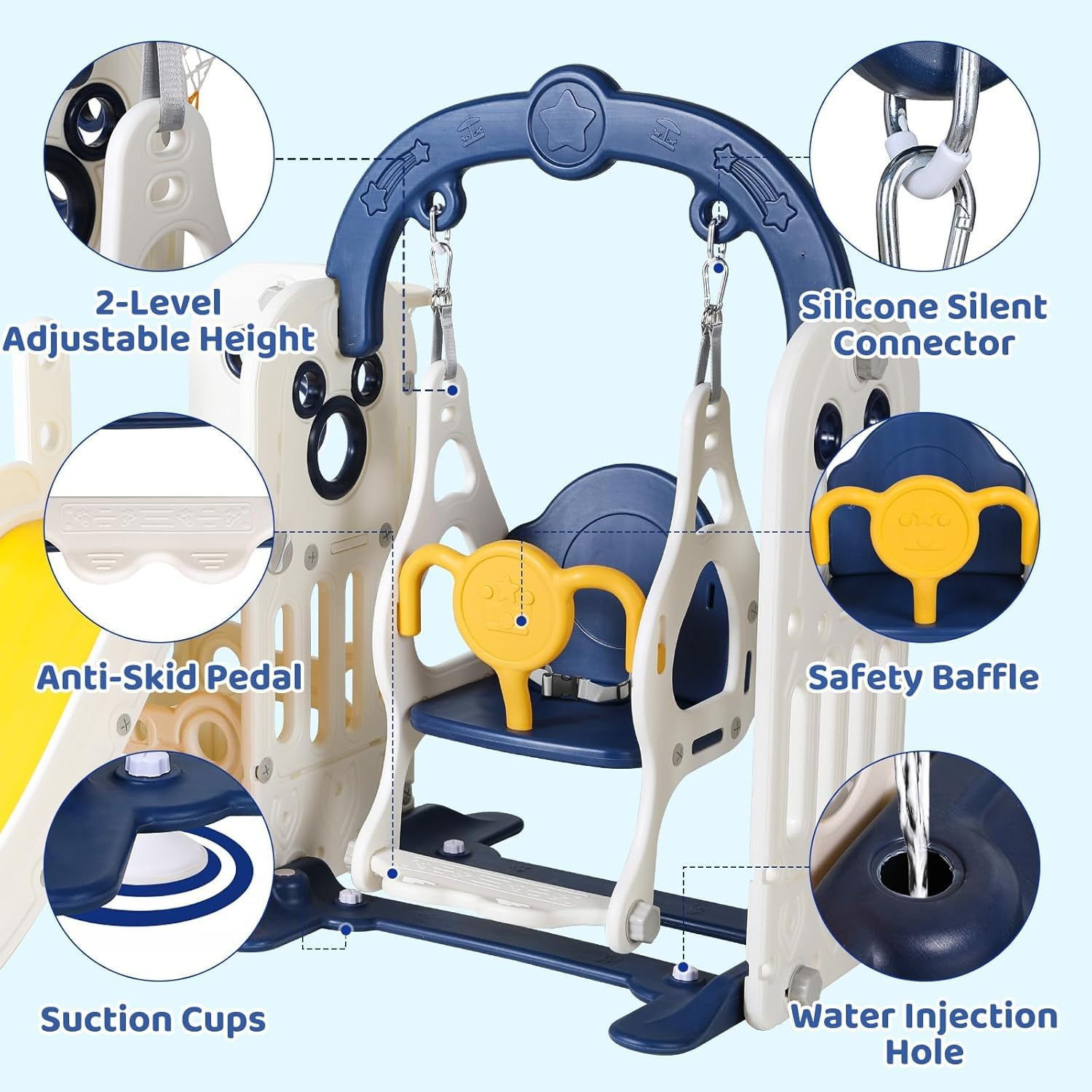 Swing Slide for Kids, 6 in 1 Slide Climber for Toddler, with Ball & Hoop, Storage Space, Suction Cup Reinforced Base, Indoor Outdoor Playground, for Boys Girls Birthday (Dark Blue) image number 4