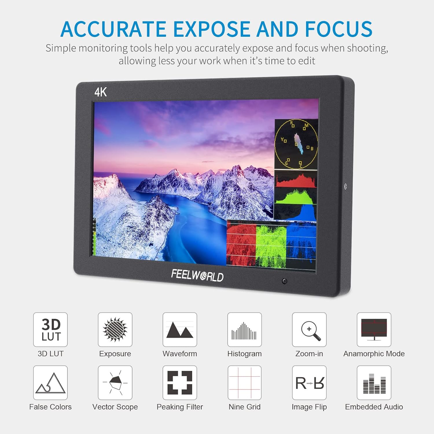 FEELWORLD T7 plus 7 Inch 3D LUT DSLR Camera Field Monitor with Waveform Histogram Peaking Focus False Colors 4K HDMI Input Output Full HD 1920X1200 Solid Aluminum Housing image number 1
