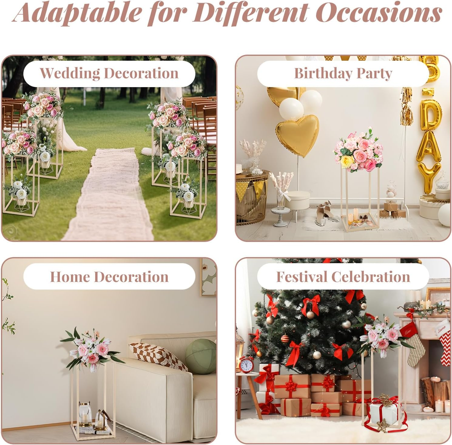 SOCROTO 10PCS Column Vases,Metal Flower Floor Vase,16In Tall Wedding Centerpieces for Tables,Gold Geometric Centerpiece Vase for Wedding,Party,Festival,Home Decorations, Events Reception