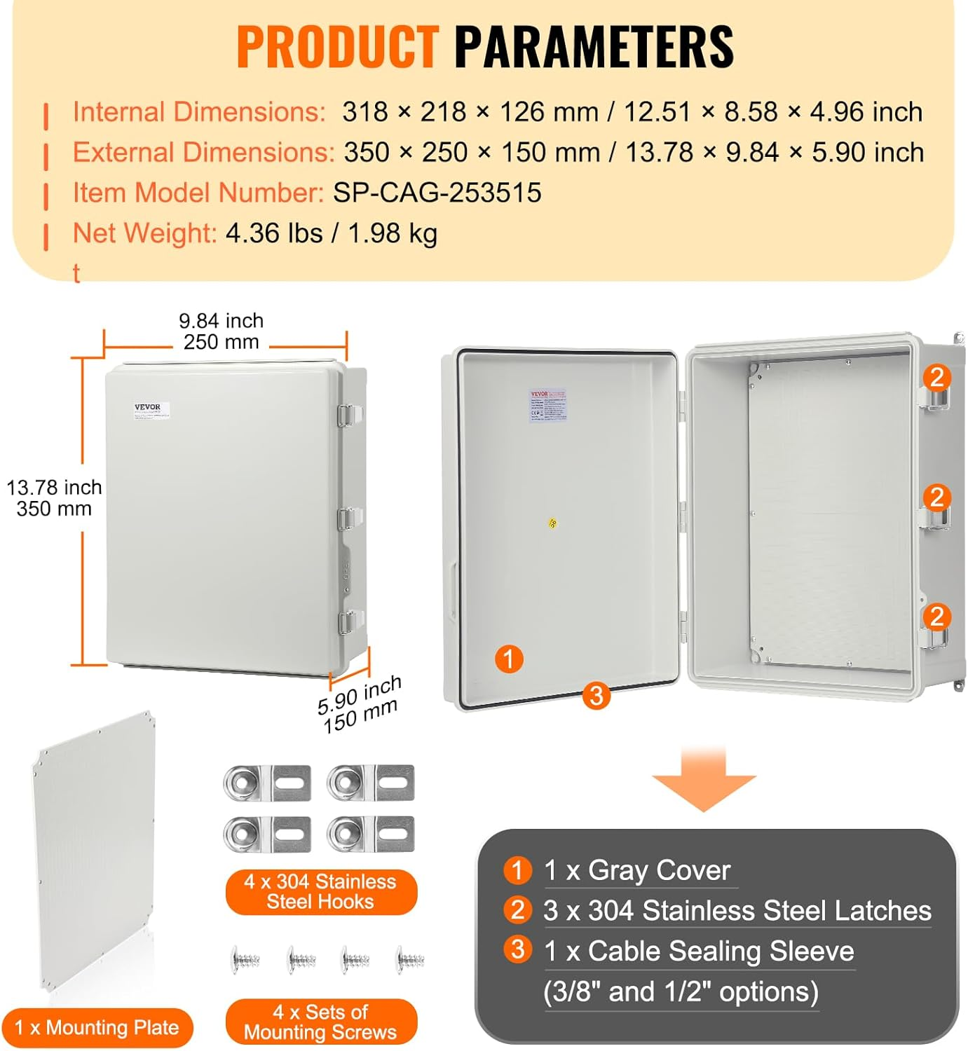 VEVOR Outdoor Junction Box, 350 X 250 X 150 Mm, ABS Plastic Enclosure with Hinged Cover Stainless Steel Latch, IP67 Dustproof Waterproof for Electrical Projects image number 2