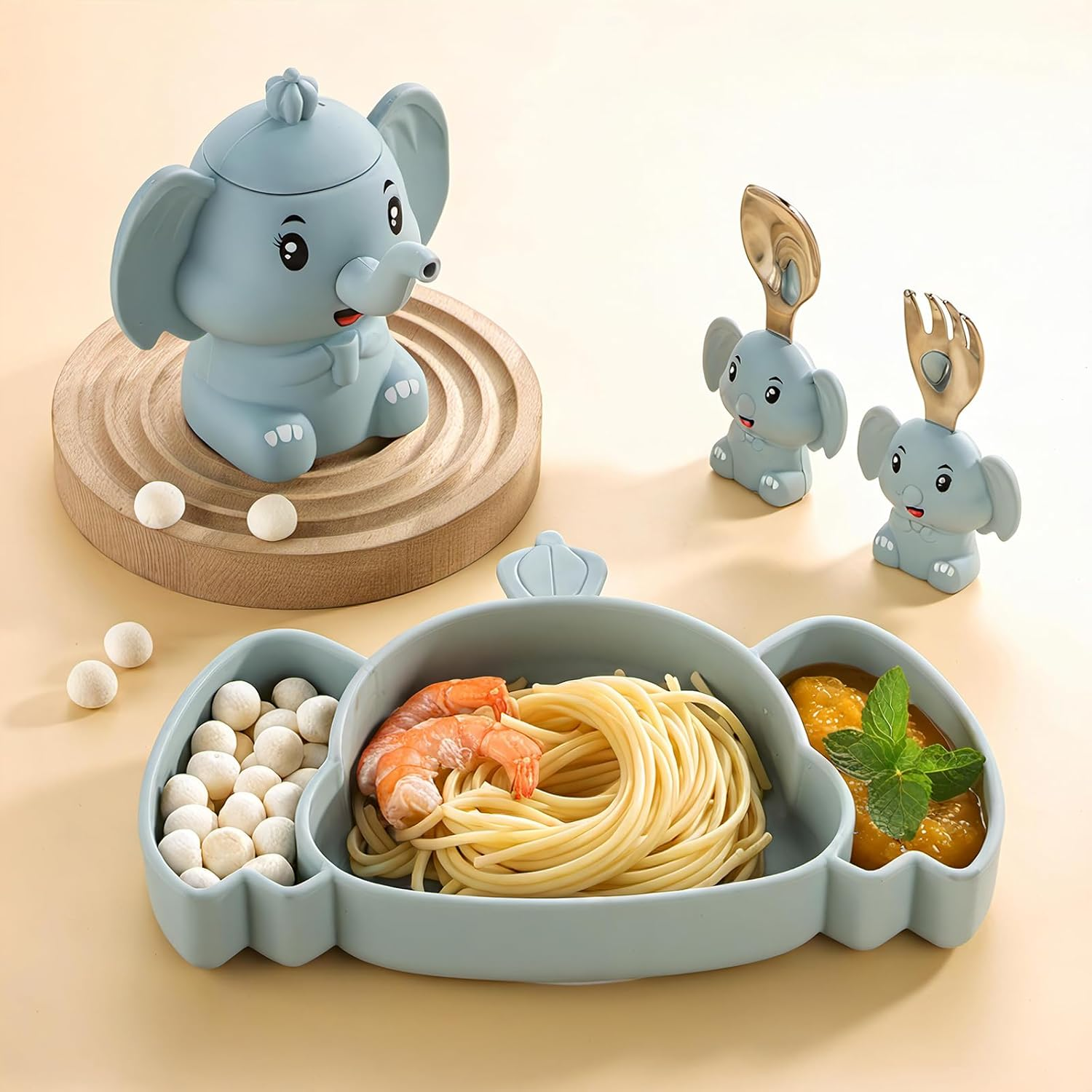 Silicone Baby Feeding Set 7PC Baby Led Weaning Supplies Self Feeding Utensils Divided Suction Dining Plate Bibs Cute Heat-Resistant Design Sippy Cup 304 Stain Steel Spoons Forks Toddler Utensil Set image number 6