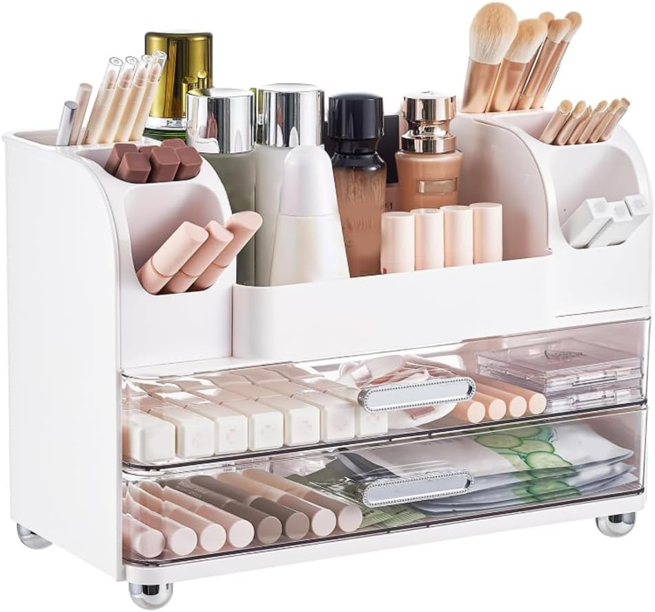 Dressing Table Cosmetic Storage Box with Two Large Drawers for Lotions, Lipsticks, Perfumes, Etc. Suitable for Bathroom, Makeup Table, Office, Bedroom (White) image number 1