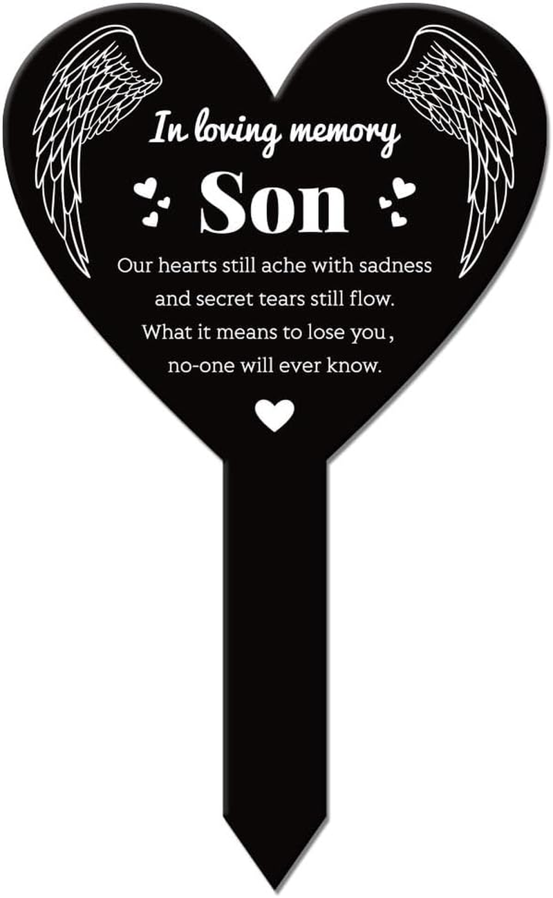 GLOBLELAND Heart Son Garden Stake Memorial Remembrance Plaque Stake for Cemetery Acrylic Grave Stake Waterproof Sympathy Garden Stake for Yard Grave Cemetery (Son) image number 2