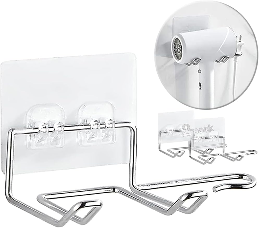 Centerz 2 Pack Hair Dryer Holder, Wall Mount Self Adhesive Waterproof Blow Dryer Rack Storage Organizer Hanger, Compatible with Dyson and Most Hair Dryers Appliance, Brush, Curling Iron, Straightener