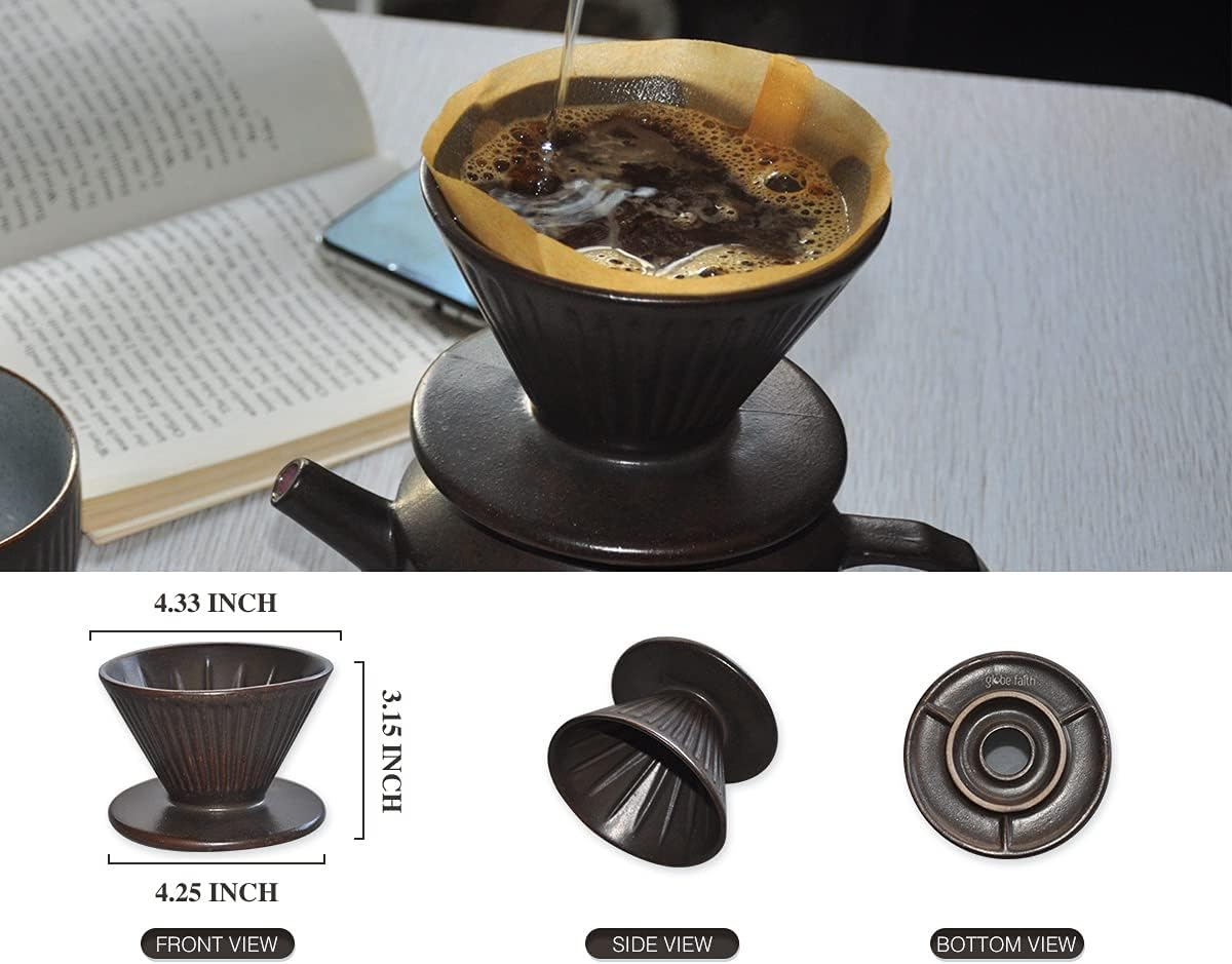 Pottery Pour over Coffee Maker, Ceramic Cone Filter Hand Drip Coffee Dripper, Reusable Stoneware Pourover Coffee Brewer, Size 02 (Rustic Chocolate Brown) image number 6