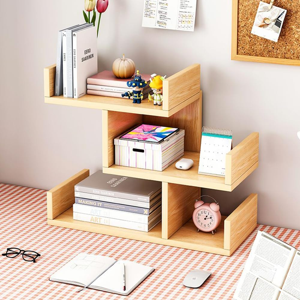 Hbluefat Desktop Storage Shelf, Small Wood Desk Bookshelf/Bookcase, Tabletop Display Rack Organisers for Books/Cds/Albums/File (Wood) - White image number 4