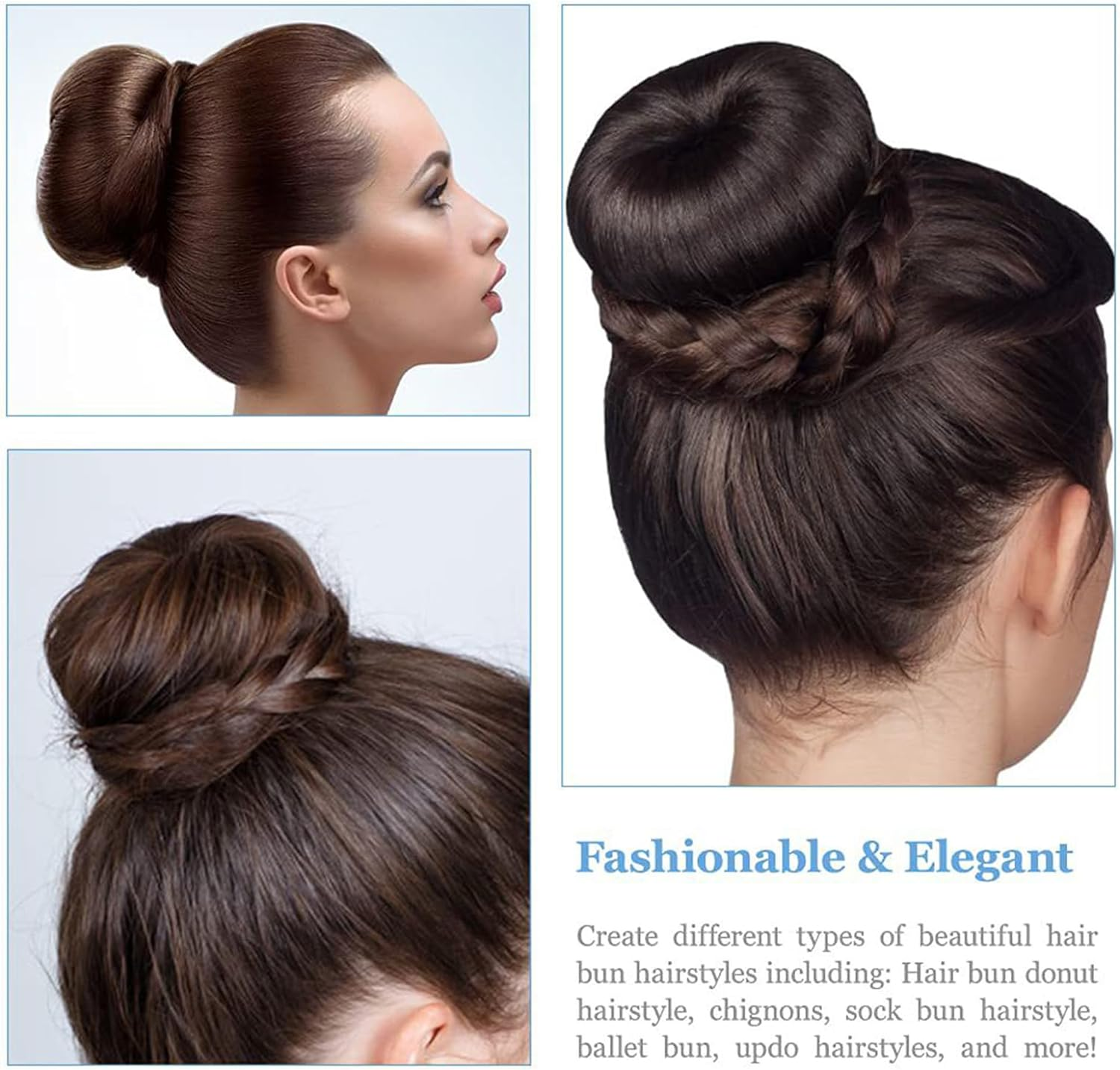 Donut Hair Bun Maker Set - 7 Pieces (Extra-Large, Large, Medium, Small), 5 Elastic Bands, 30 Pins, Dark Brown image number 6