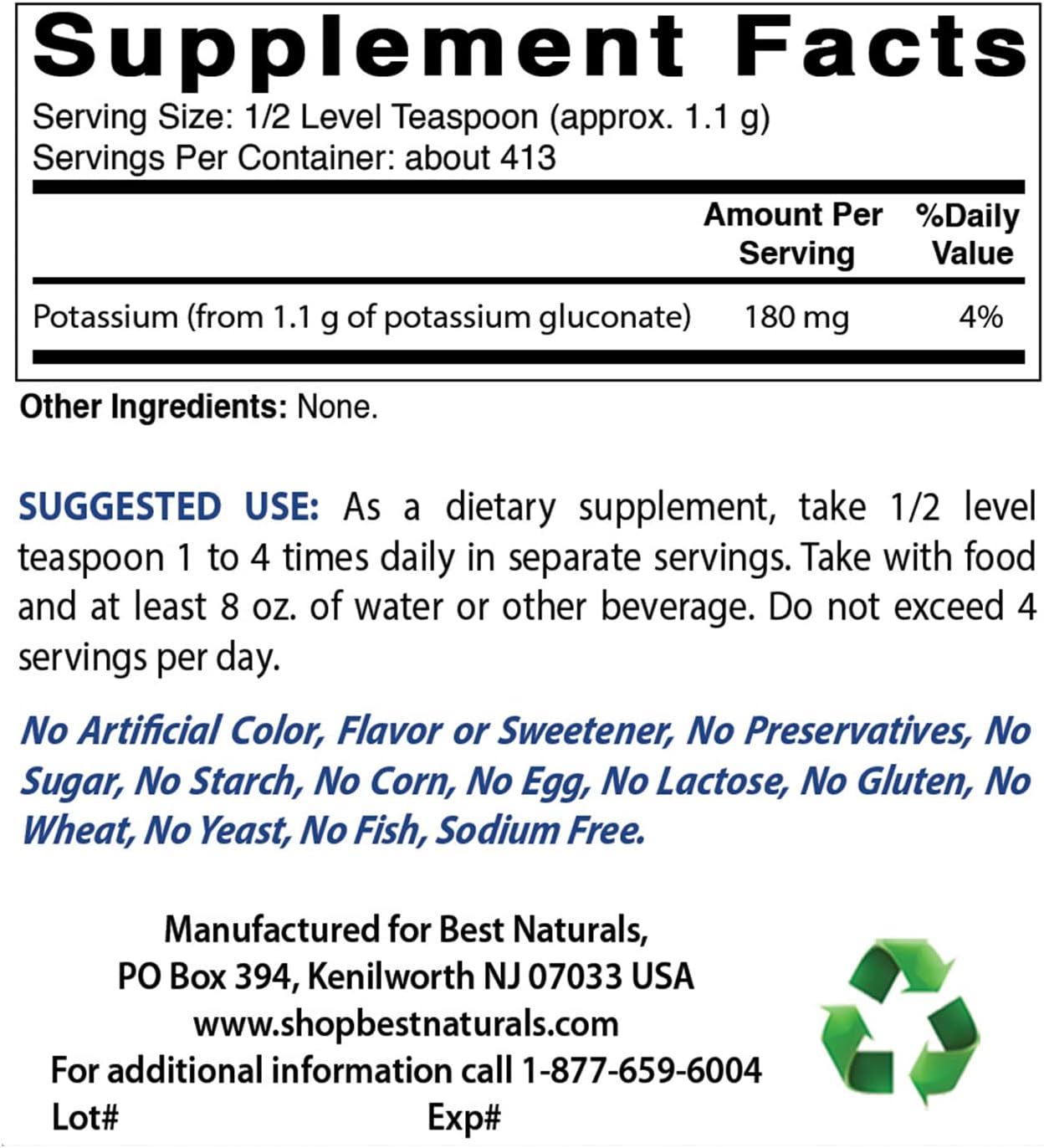 Best Naturals Potassium Gluconate 1Lb Powder (1 LB (Pack of 3)) image number 3