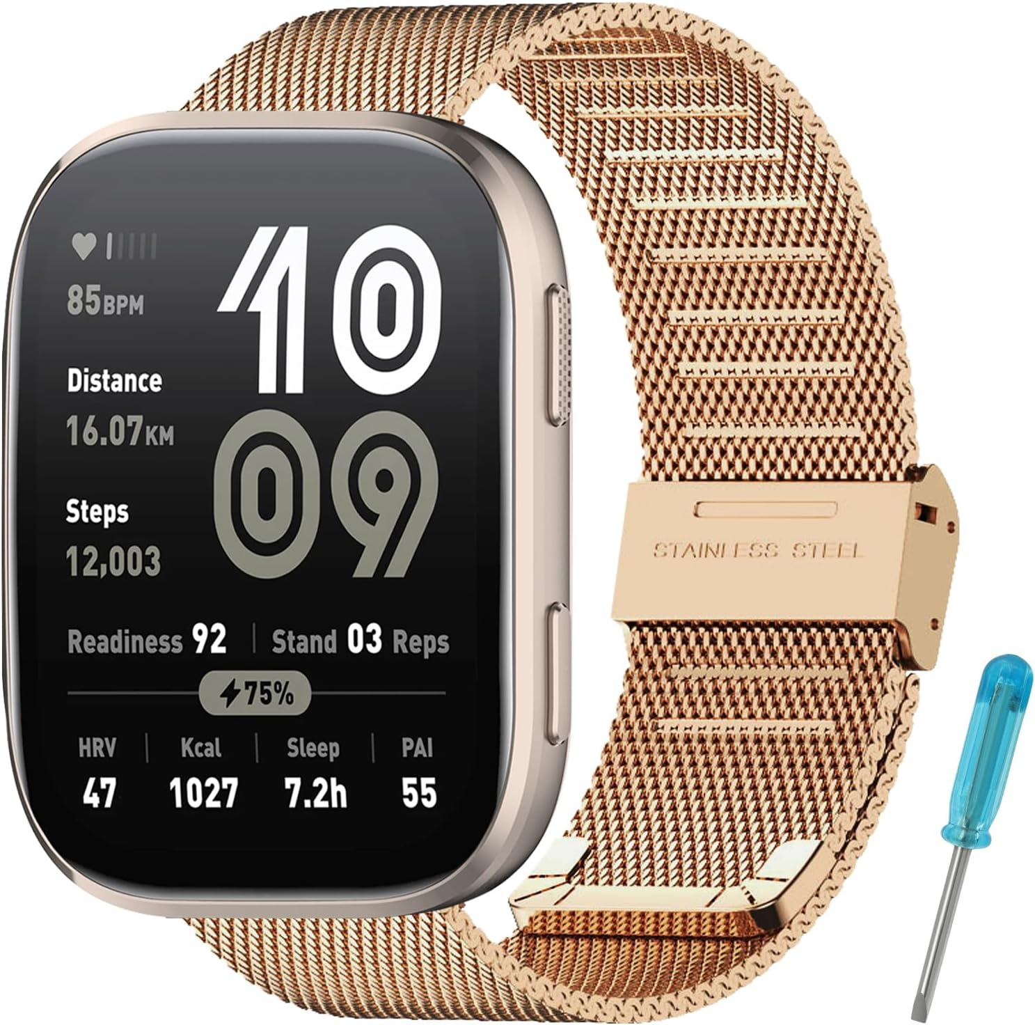 Rensheng 22MM Stainless Steel Strap Compatible with Amazfit Bip 6 Bracelet,Replacement Metal Strap for Amazfit Bip 6 Strap