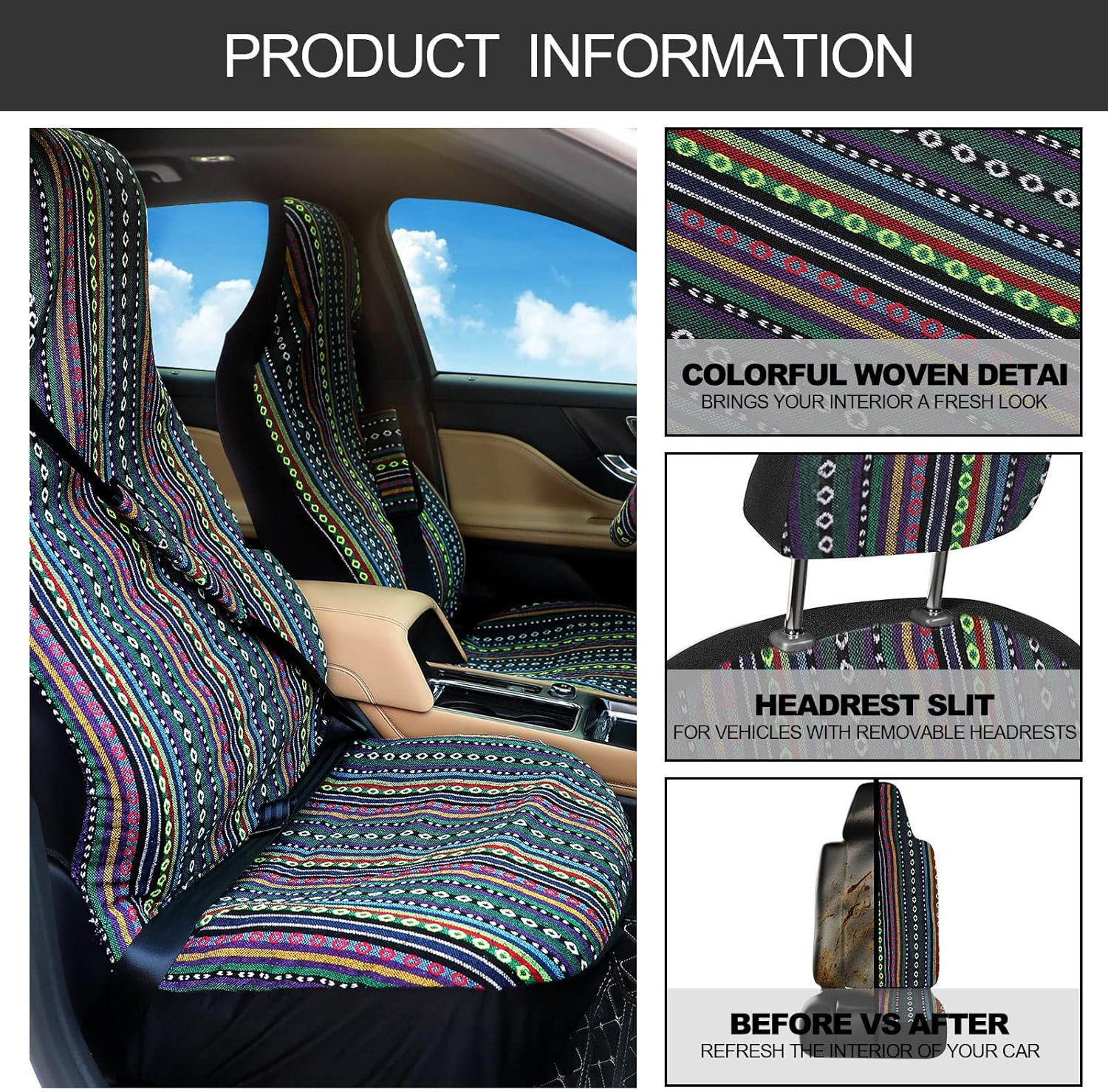 Frienda Baja Saddle Blanket Car Seat Covers Full Set Multicolor Stripe Boho Steering Wheel Cover Seat Belt Pads Crystal Hanging Ornament Automotive Interior Universal Fit Most Cars(Stylish Style) image number 4