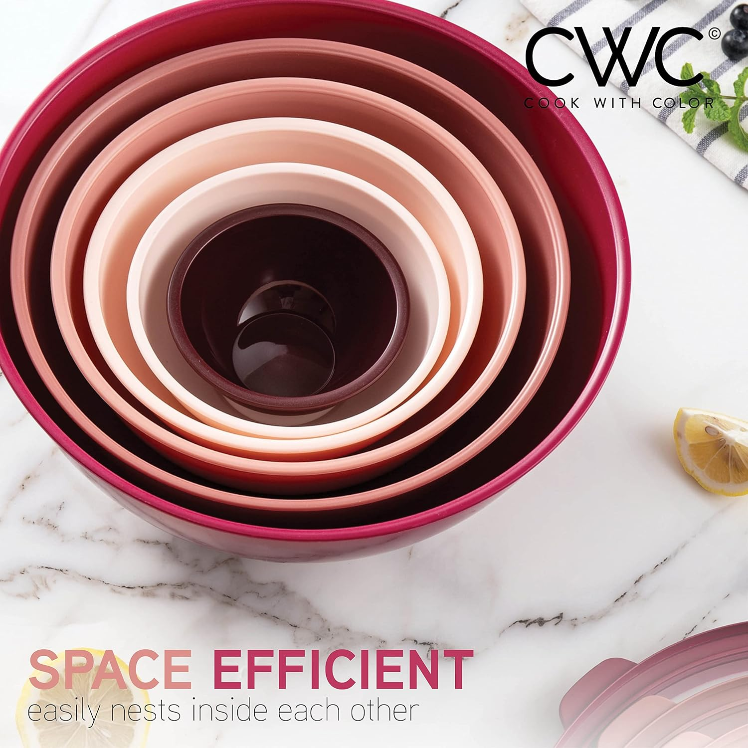 COOK with COLOR Mixing Bowls with TPR Lids - 12 Piece Plastic Nesting Bowls Set Includes 6 Prep Bowls and 6 Lids, Microwave Safe (Rose)