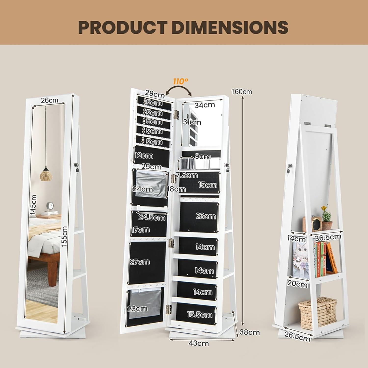 Giantex 360&deg; Swivel Jewelry Armoire, Standing Jewelry Organizer with Full Length Mirror & Back Shelves, Built-In Makeup Mirror for Bedroom, Cloakroom (White)