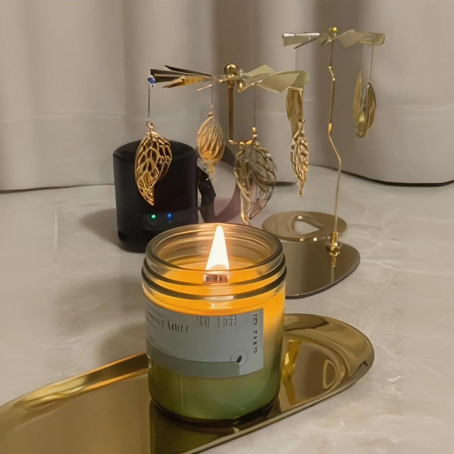 Gold Rotating Candle Holder, Spinning Fairy Carousel for Tealights, Decorative Centerpiece with Jewelry Tray (Fairy)