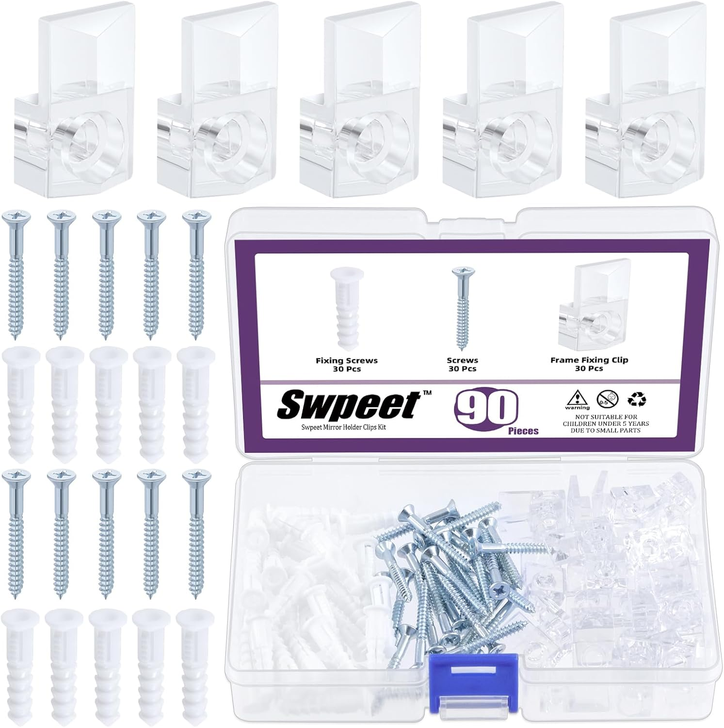 Swpeet 30 Sets Clear Plastic Mirror Holder Clips Kit with Screws, Retainer Clips Kit, Mirror Hanging Kit, Clear Plastic Mirror Mounting Clips, Mirror Hanging Hardware for Fixing Cabinet Door(E Style)