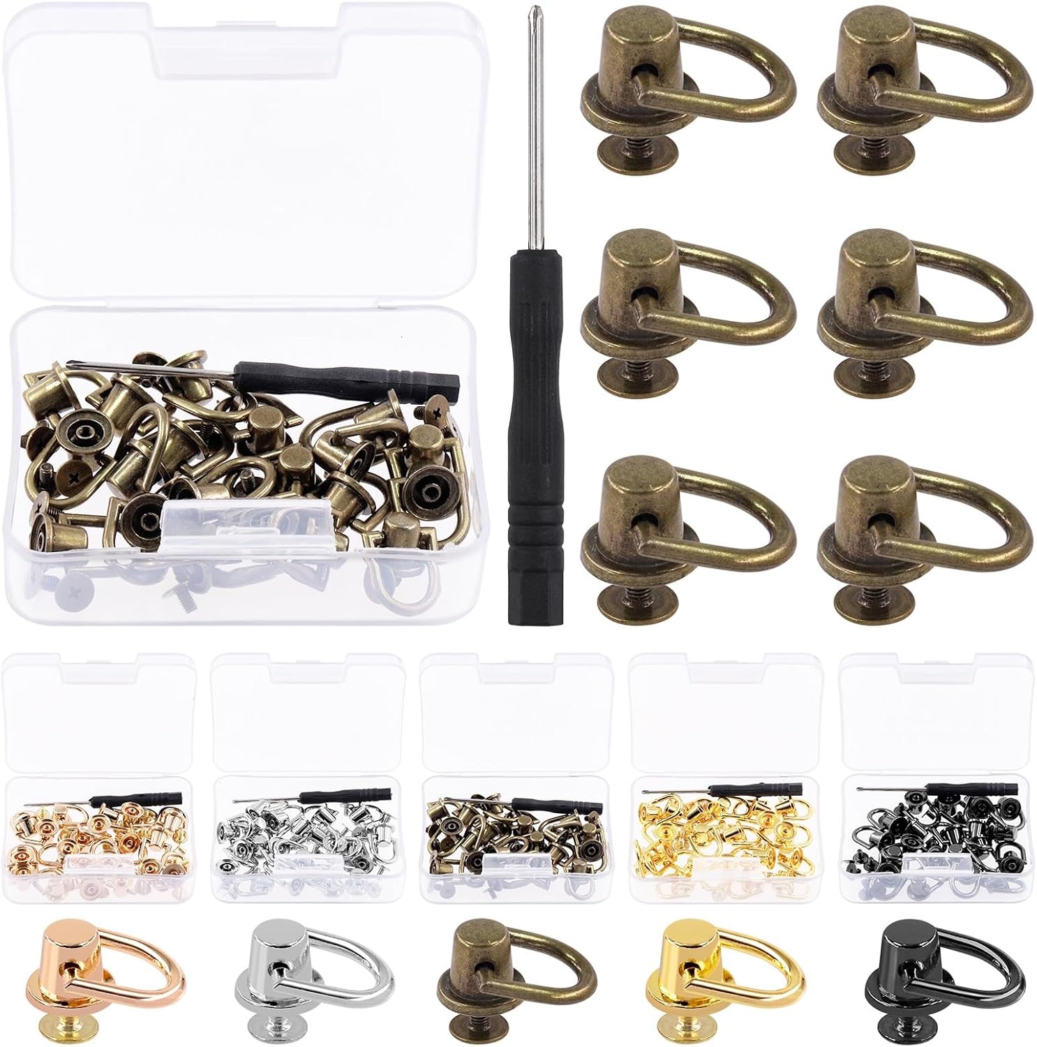 Glarks 41Pcs D Ring Rivets Kit Light Gold Ball Post Head Buttons Metal D Ring Stud Rivets Rotatable round Rivets with Screwdriver for Bags, Belts, DIY Leather Crafts