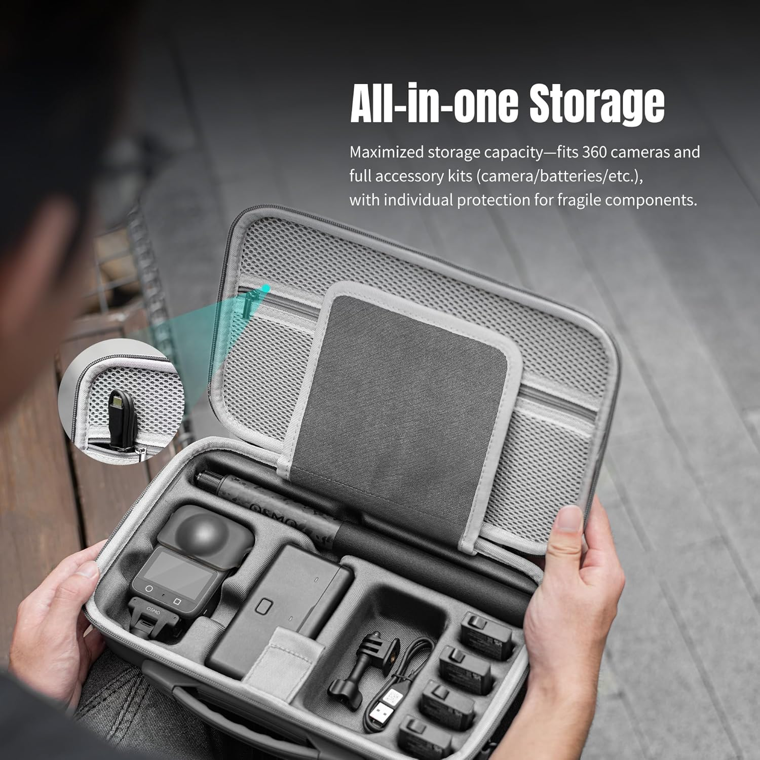 OSMO 360 Panoramic Camera Full Equipment, Grey Hard Shell Carrying Case, Waterproof, Shockproof PU Case, Lightweight and Detachable Shoulder Strap image number 6