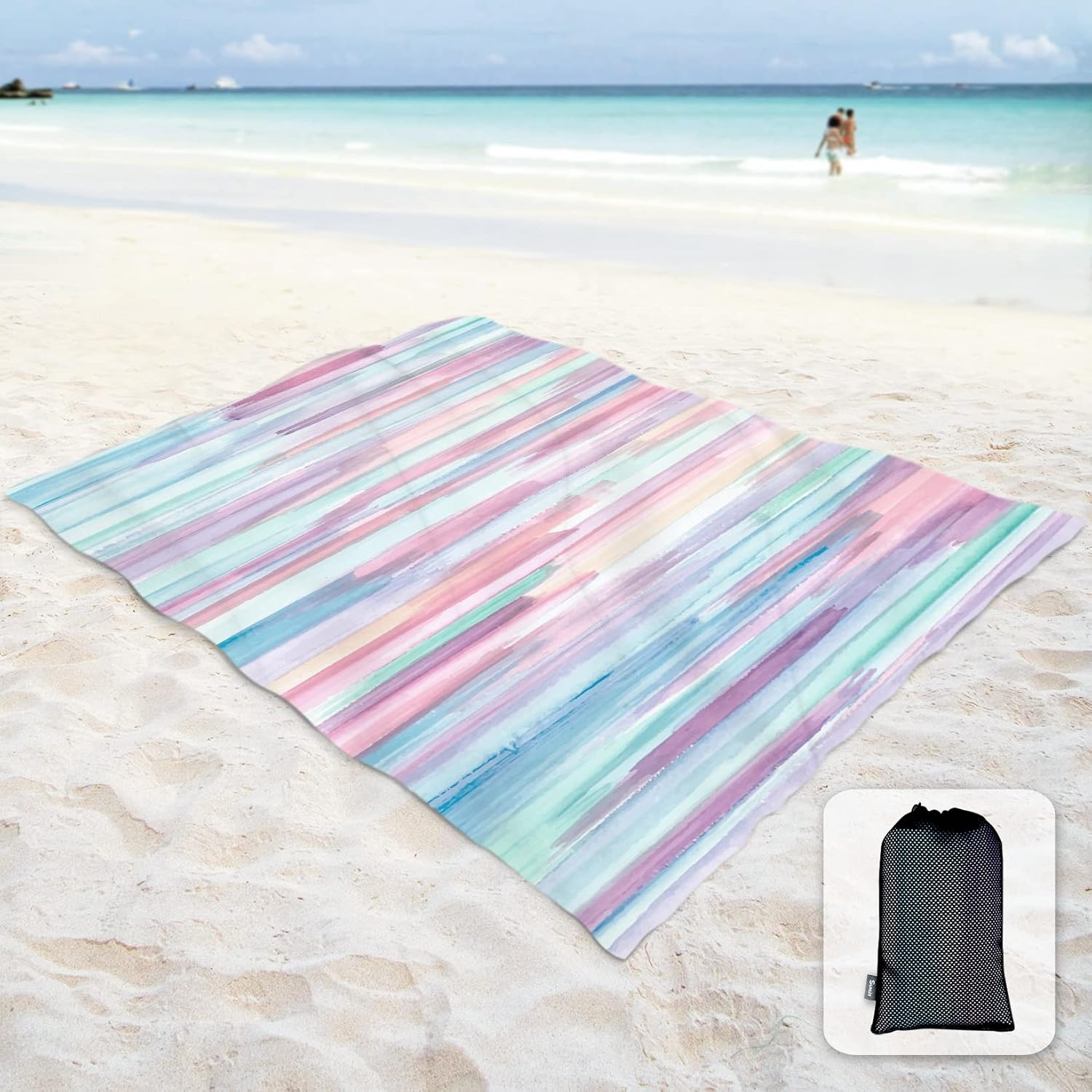 Sunlit Sand Proof Beach Blanket Sand Proof Mat with Corner Pockets and Mesh Bag 7' X 9' for Beach Party, Travel, Camping and Outdoor Music Festival, Watercolor Painting, Macaron Blue and Pink image number 2