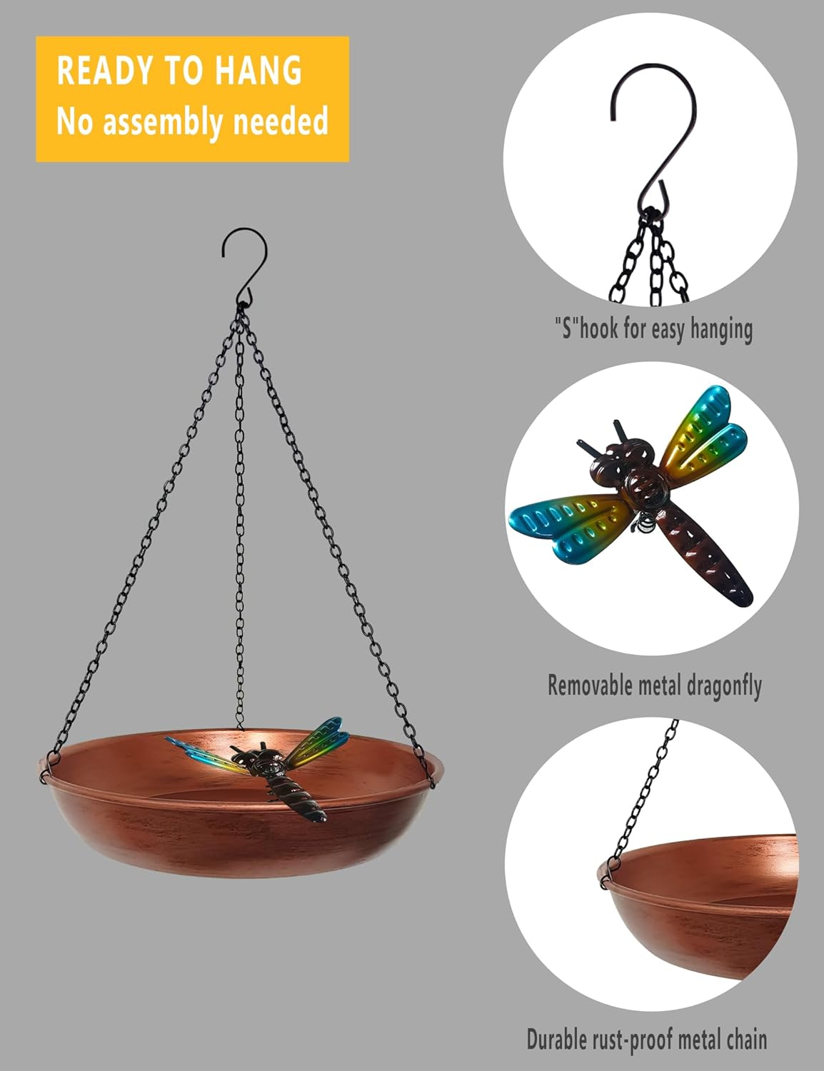 Hanging Birdbath Bird Feeder for Outdoor 11&rdquo; Antique Copper Cute Small Metal Bird Bath Bowl with Detachable Black Chain Metal Dragonfly for Garden Backyard Decor