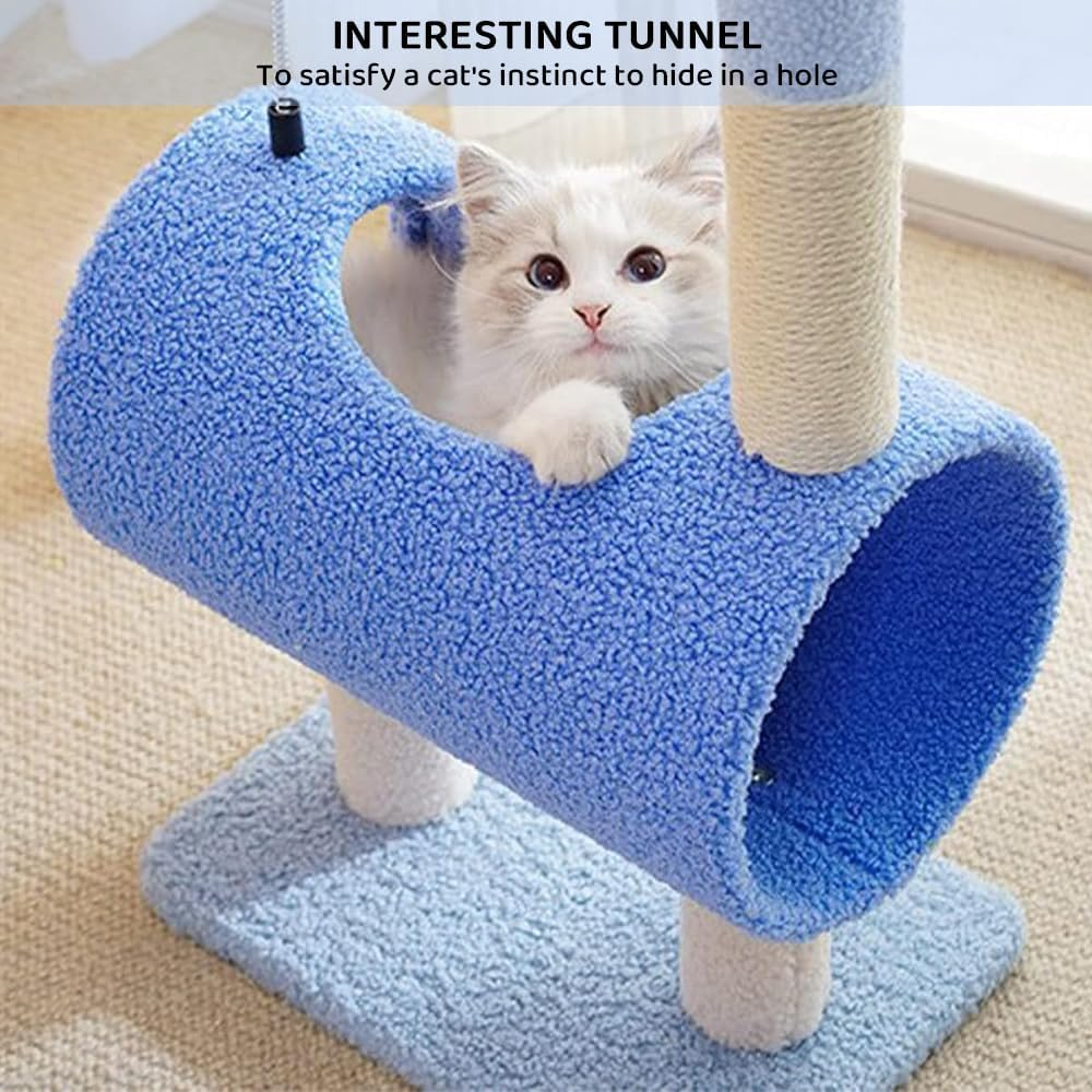 Small Indoor Cat Tree Condo with Sisal Scratching Posts &ndash; Blue Climbing Tower, Hanging Ball, Cozy Bed, Kitty Activity Playhouse for Kittens & Cats image number 5