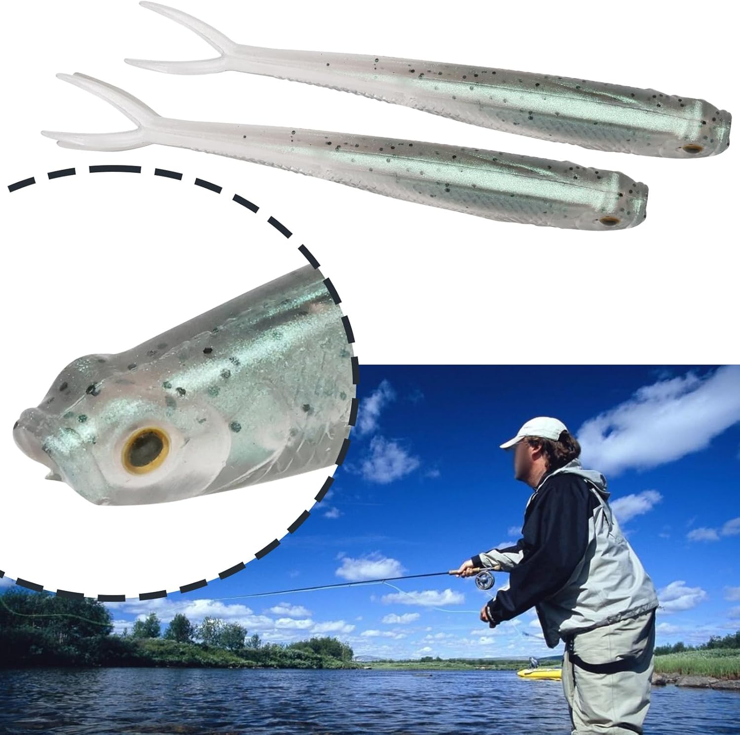 6Pcs 7.5Cm Shadow Silicone Soft Fishing Bait Fork Tail Reflective Fishing Bait for Saltwater and Freshwater Sea Bass and Mandarin Fish Green Silver image number 5