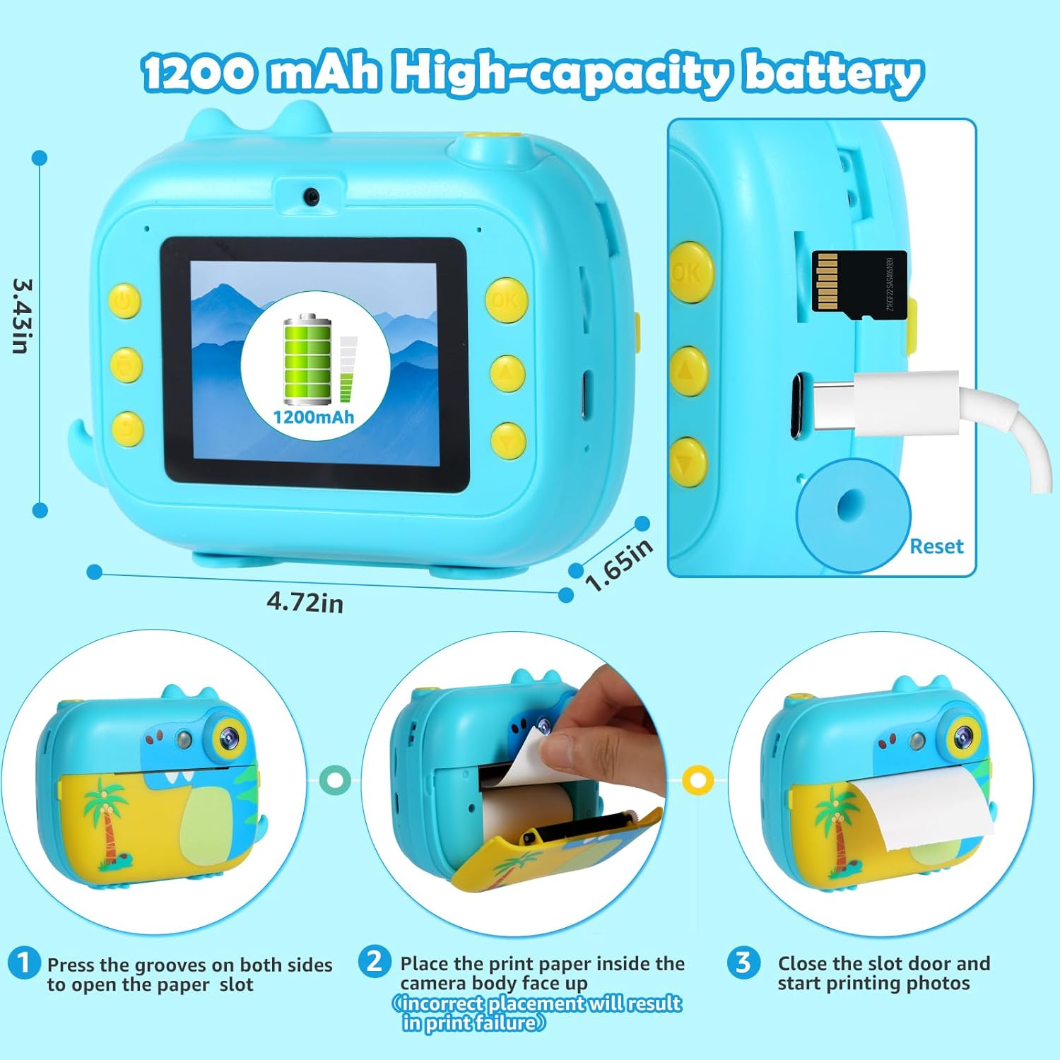 Kids Camera Instant Print,Children Digital Camera Toy with HD Video for Kids Aged 3-12,Christmas Birthday Festival Present for Girls Boys, 7 Rolls Instant Paper&32Gb Card,M3 - Blue image number 6