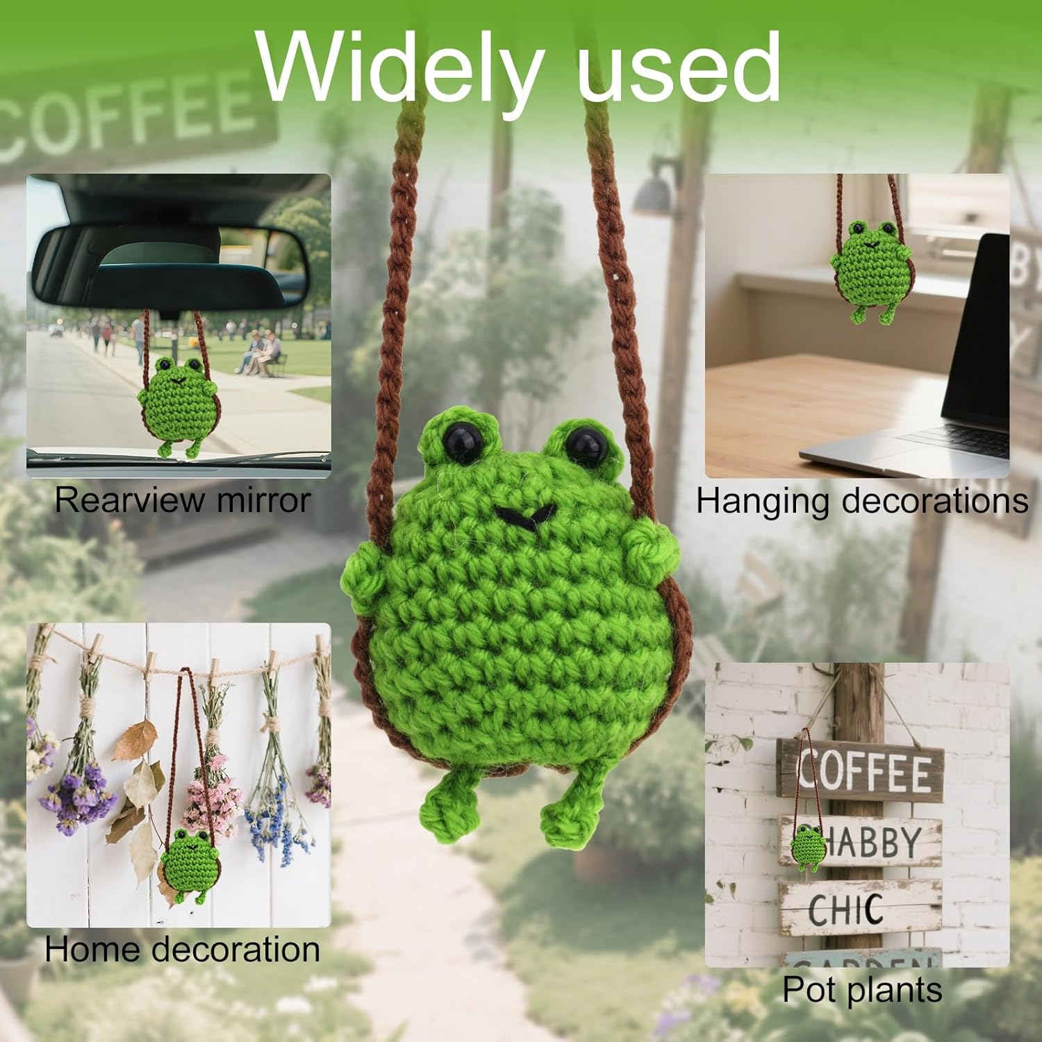 Crochet Frog Car Mirror Hanging Accessories, Handmade Swinging Frog Car Hanging Ornaments Aesthetic Cute Knitted Decorations for Rearview Mirror Travel Home Office image number 2