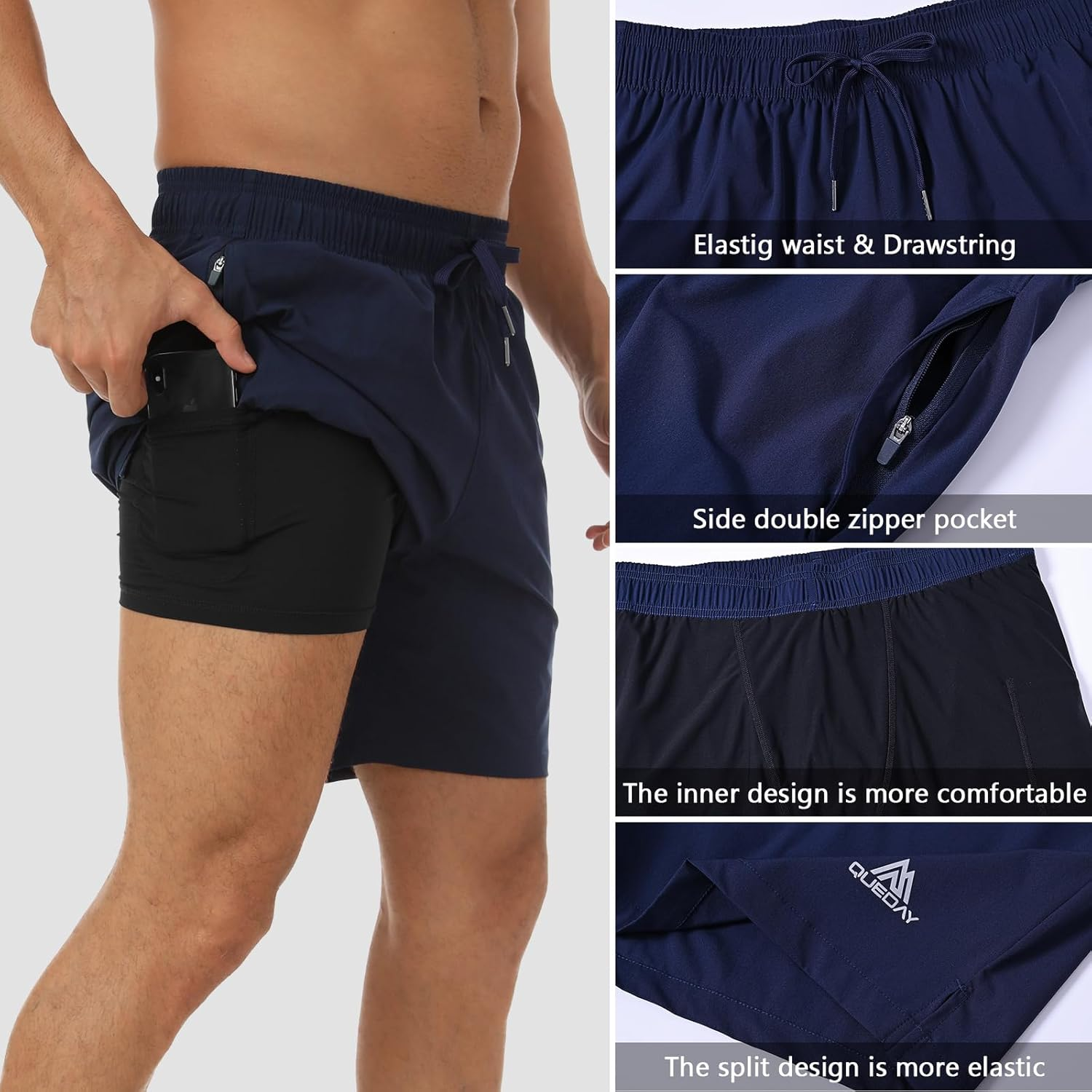 Queday Mens 2 in 1 Running Shorts with Liner 7 Inch Quick Dry Gym Athletic Workout Shorts with 2 Side Pockets with Zipper Back Pocket Inner Pocket