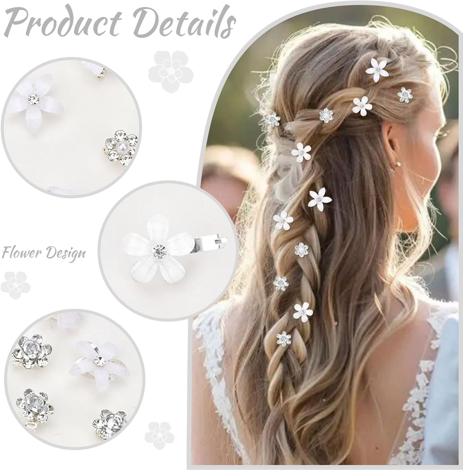 Mezrkuwr 20 Pieces White Small Flower Hair Clips Mini Rhinestone Metal Hair Pins for Women Bridal Flower Girl Wedding Hair Clips Hair Accessories for Girls and Women image number 4