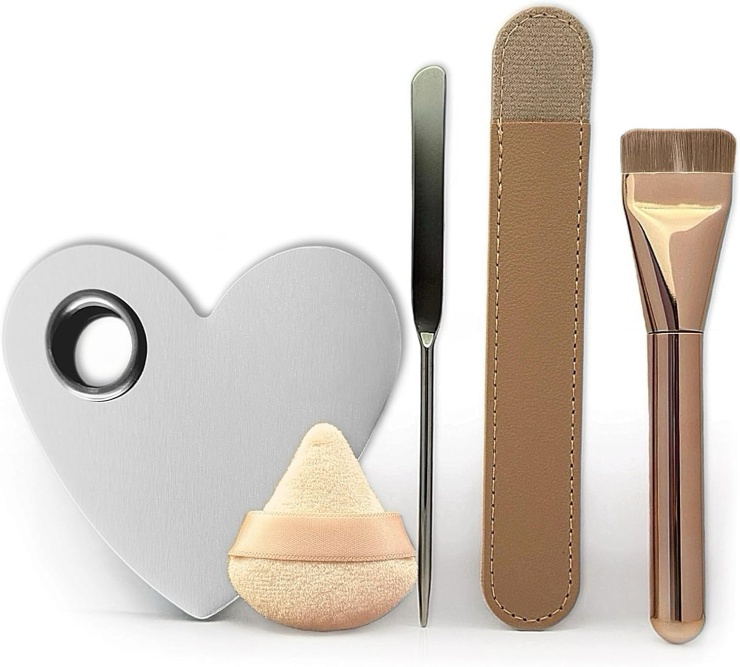 Makeup Brush Set - Flat Foundation Brush, Blender Sponge, Face Spatula, Puff & Heart-Shaped Mixing Palette with Leather Case &ndash; Complete Face Makeup Tool Kit for Blending, Foundation & Application