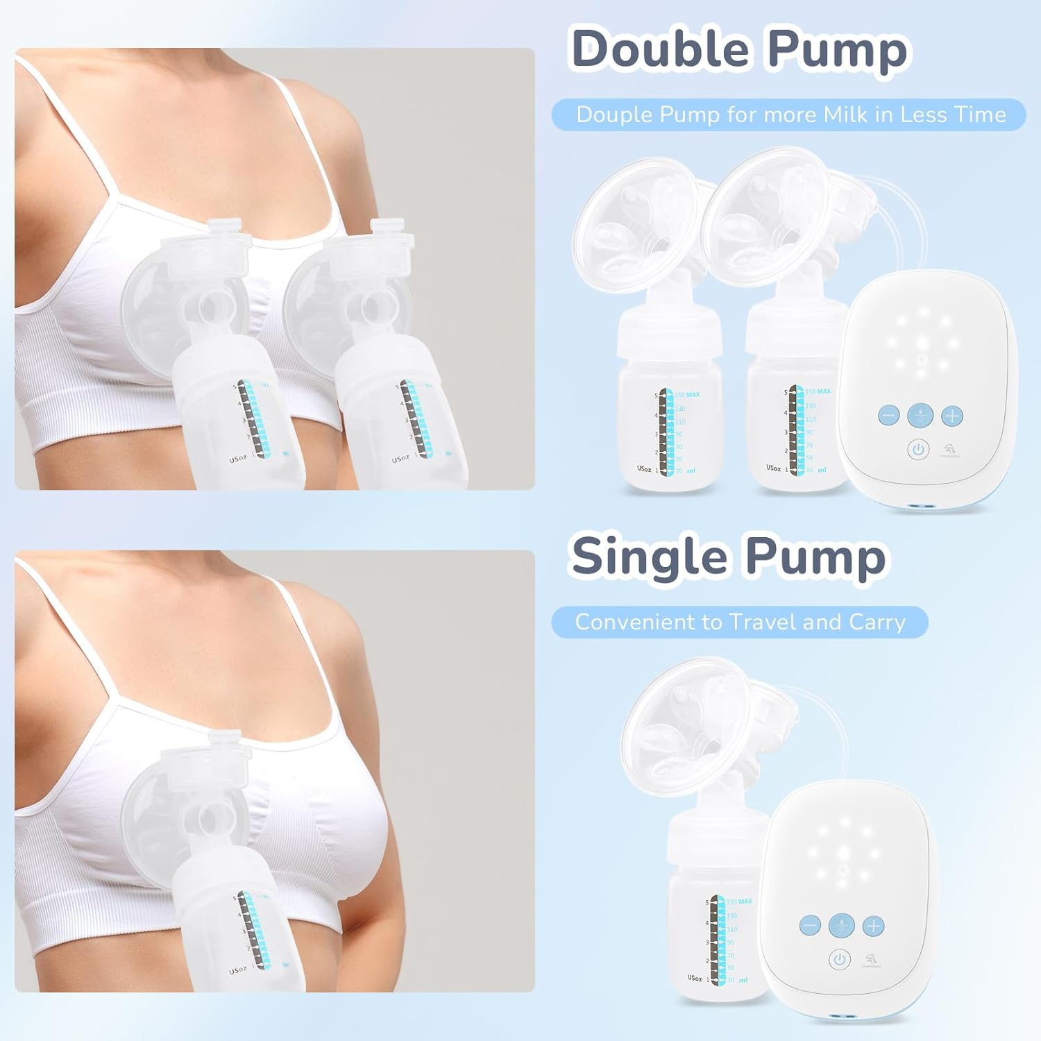 ADVWIN Electric Breast Pump, Portable Breastfeeding Pump with 21Mmx2 & 24Mmx2 Flanges, 2 Modes & 8 Levels Strength, Ultra-Quiet and Pain Free Strong Suction image number 4