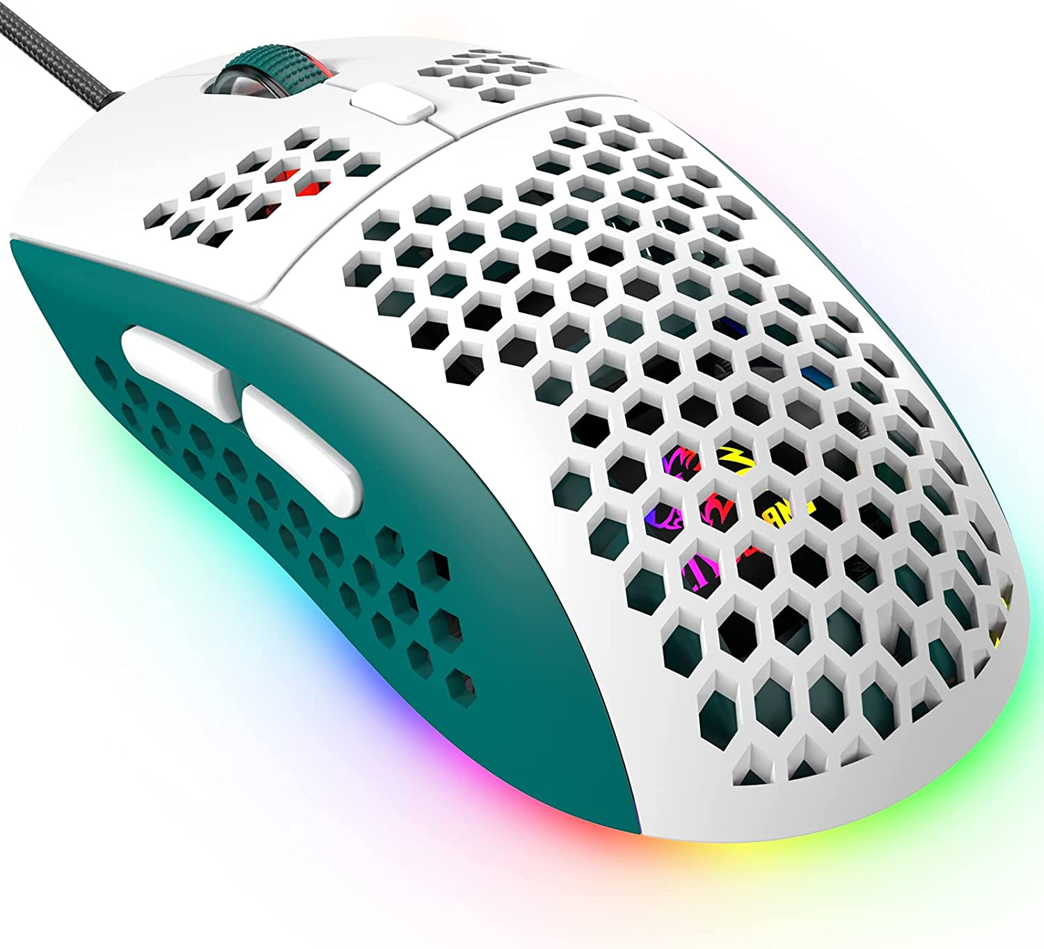KUIYN 383 PRO Ultralight Wired Gaming Mouse, Lightweight Honeycomb Shell, 6 RGB Breathable Backlight, 6 Adjustable DPI 6400, USB Optical Model Win10/Xp/Xbox/Ps4/Ps5/Mac/Hp/Acer (White-Green) - A-(Pink) image number 3