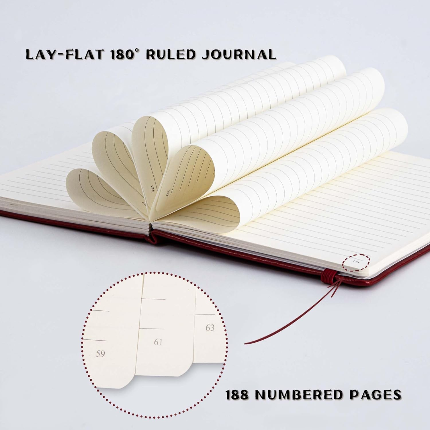 MGGAO A5 Ruled Journal 100 GSM Lined Thick Paper with 188 Numbered Pages Premium Faux Leather Hardcover Notebook for Personal Writing Study Office Travel Recording (Red,Ruled) image number 1