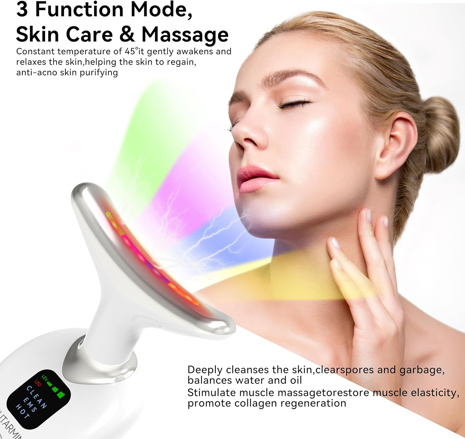 MIUTARMINI Red Light Therapy Face Massager, Skin Face Lift Device with 7 Colors, 45&deg;C EMS Massage Face Toning Firming Machine for Women,3 Modes Led Facial Sculptor for Skintightening & Neck Lifting - Black image number 2