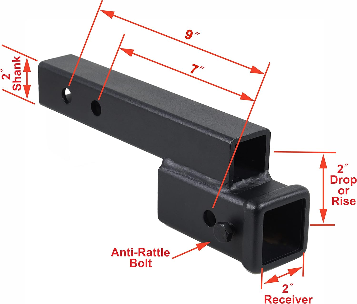 TOPTOW Trailer Receiver Hitch Extender Adapter 2" Drop/Riser, 7" and 9" Extension Length, 2" Shank, 7500Lbs Towing Capacity, Matte Black image number 1