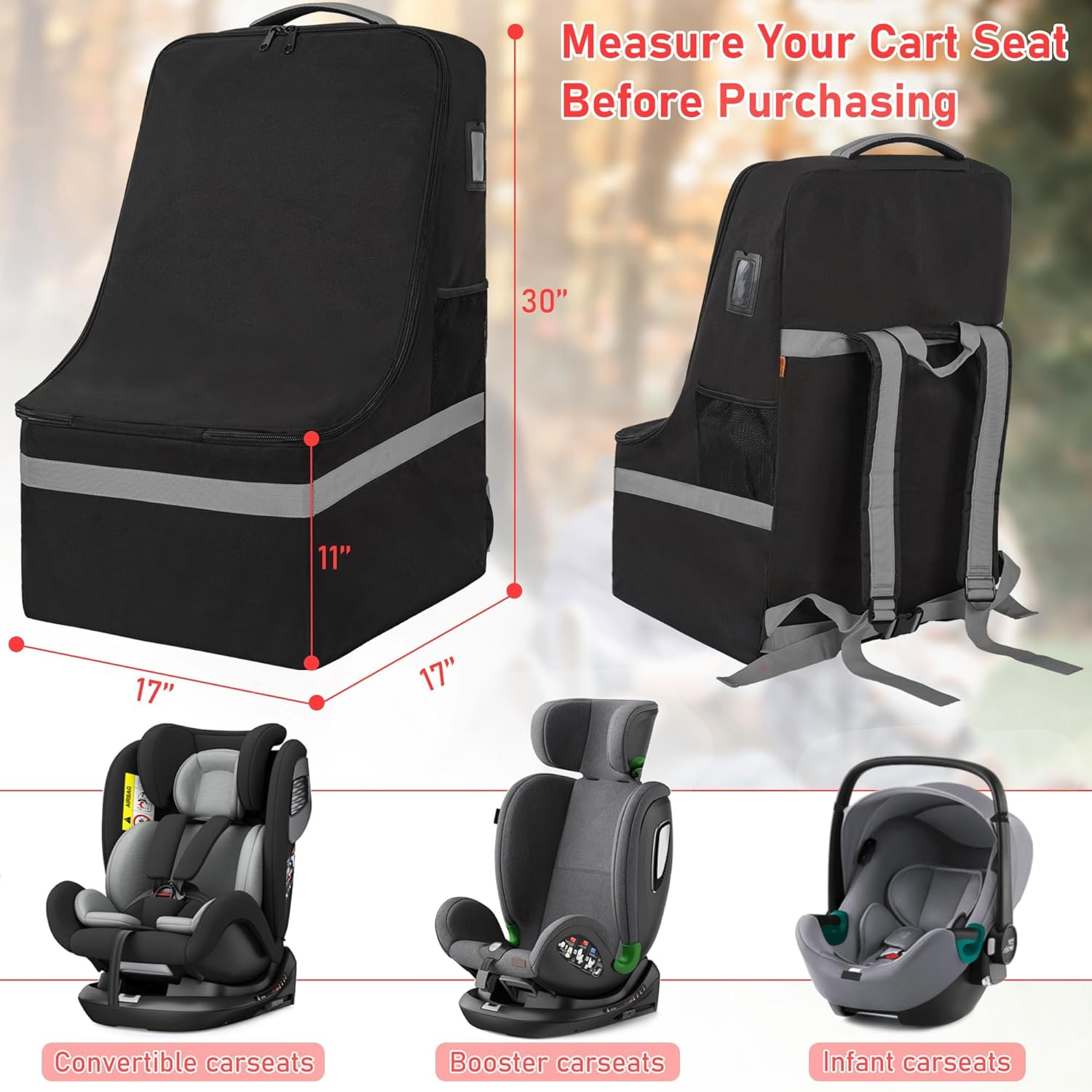 Bestbless Car Seat Travel Bag Heavy Duty Car Seat Bag for Airplane Gate Check Car Seat Backpack with Shoulder Strap, Portable Pram Bag for Airplane, Car Seat Travel Bag image number 3