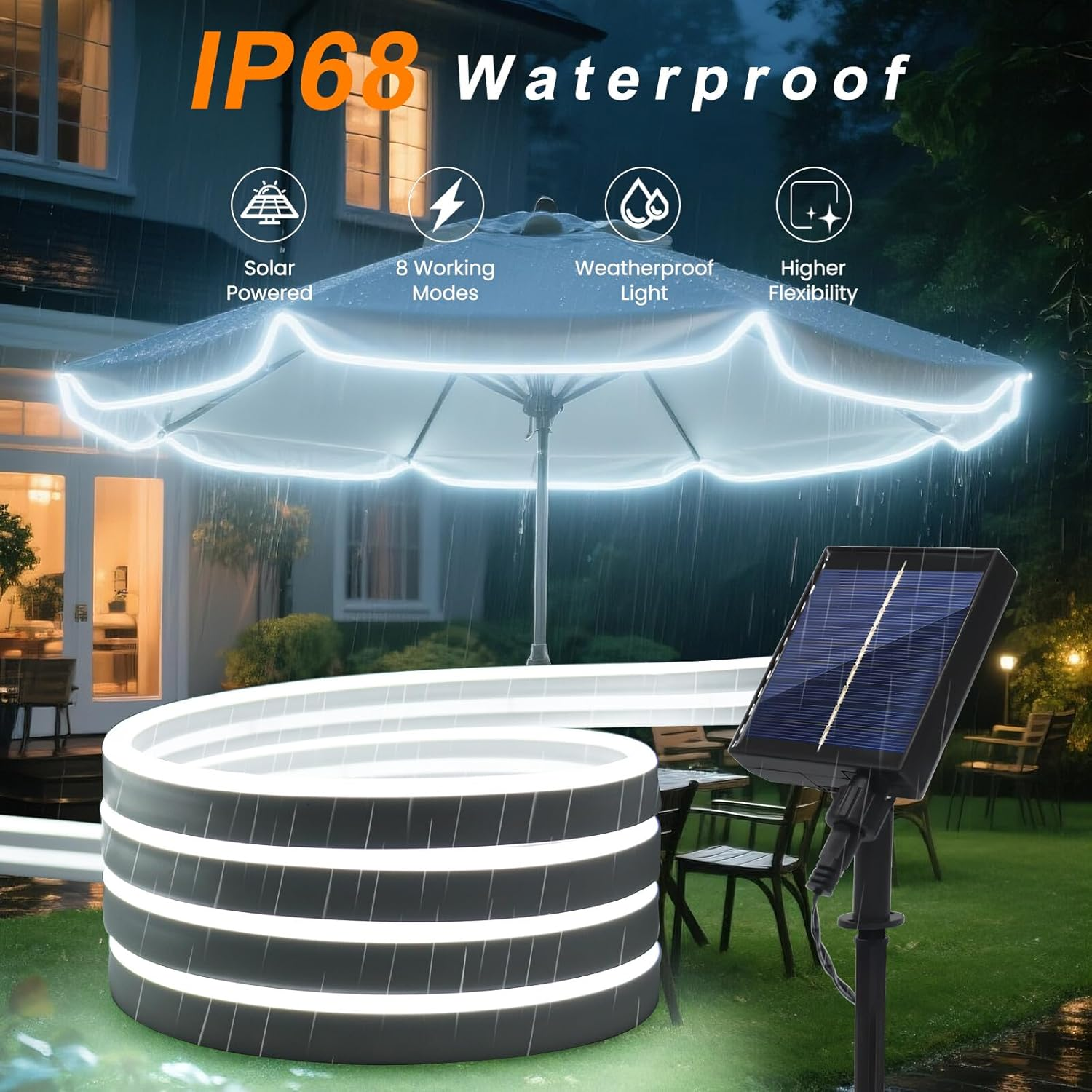 XUNATA 24V Solar/Usb COB Neon Flex Light - IP68 Waterproof 2835 SMD 120Leds/M LED Strip, Indoor/Outdoor Use (Cold White,2M) image number 3