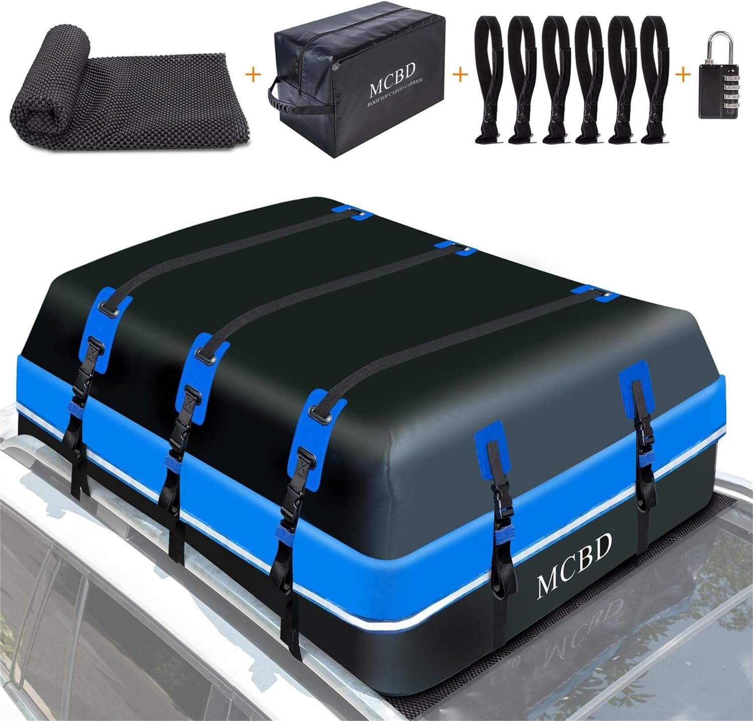 Rooftop Cargo Carrier, 21 Cubic Feet Soft-Shell Waterproof Car Roof Luggage Bag for All Vehicles SUV With/Without Rails, Includes 10 Reinforced Straps + 6 Door Hooks,Storage Bag,Anti-Slip Mat image number 4
