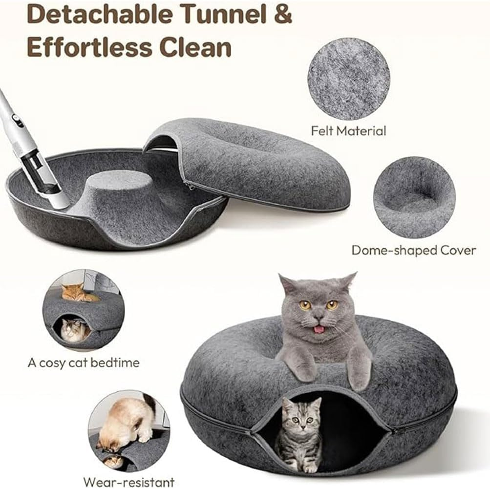 Felt Cat Bed, Zipper Design Cats Tunnel Beds, Semi Enclosed Detachable Cat Beds, Seasons Universal Cats Bed Donut Tunnel Cating for Kittens, Puppies and Small Dogs (Medium/50 * 50 * 20 CM) image number 5