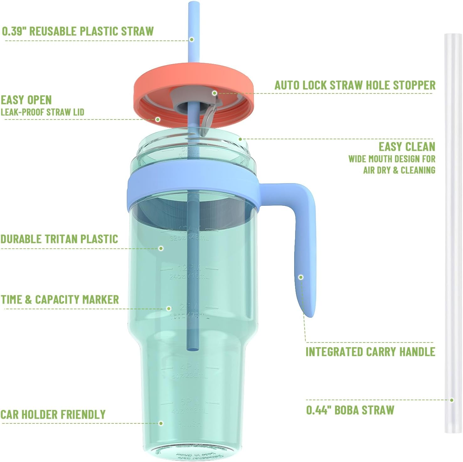 Cafezi 1.5L / 50Oz Reusable Tumbler with Straw & Lid, Bpa-Free Leakproof Tritan Drink Bottle with Time Markers, Wide Mouth Smoothie & Iced Coffee Cup &ndash; Ideal for Gym, Office, Camping & Travel image number 4