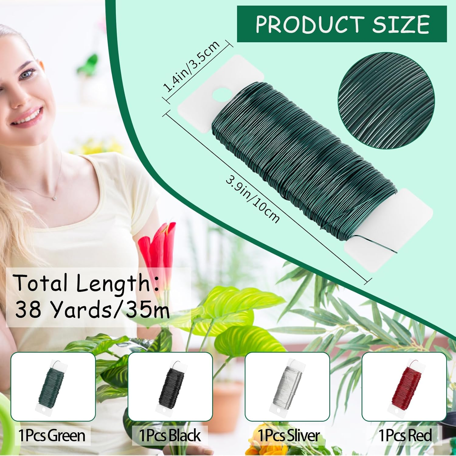 Green Floral Wire, 38 Yards 22 Gauge (0.7Mm) Flower Bind Wire Craft Supplies, Perfect for Florist, Christmas Tree Gift Making, Wreath Frame, Floral Arrangements image number 5